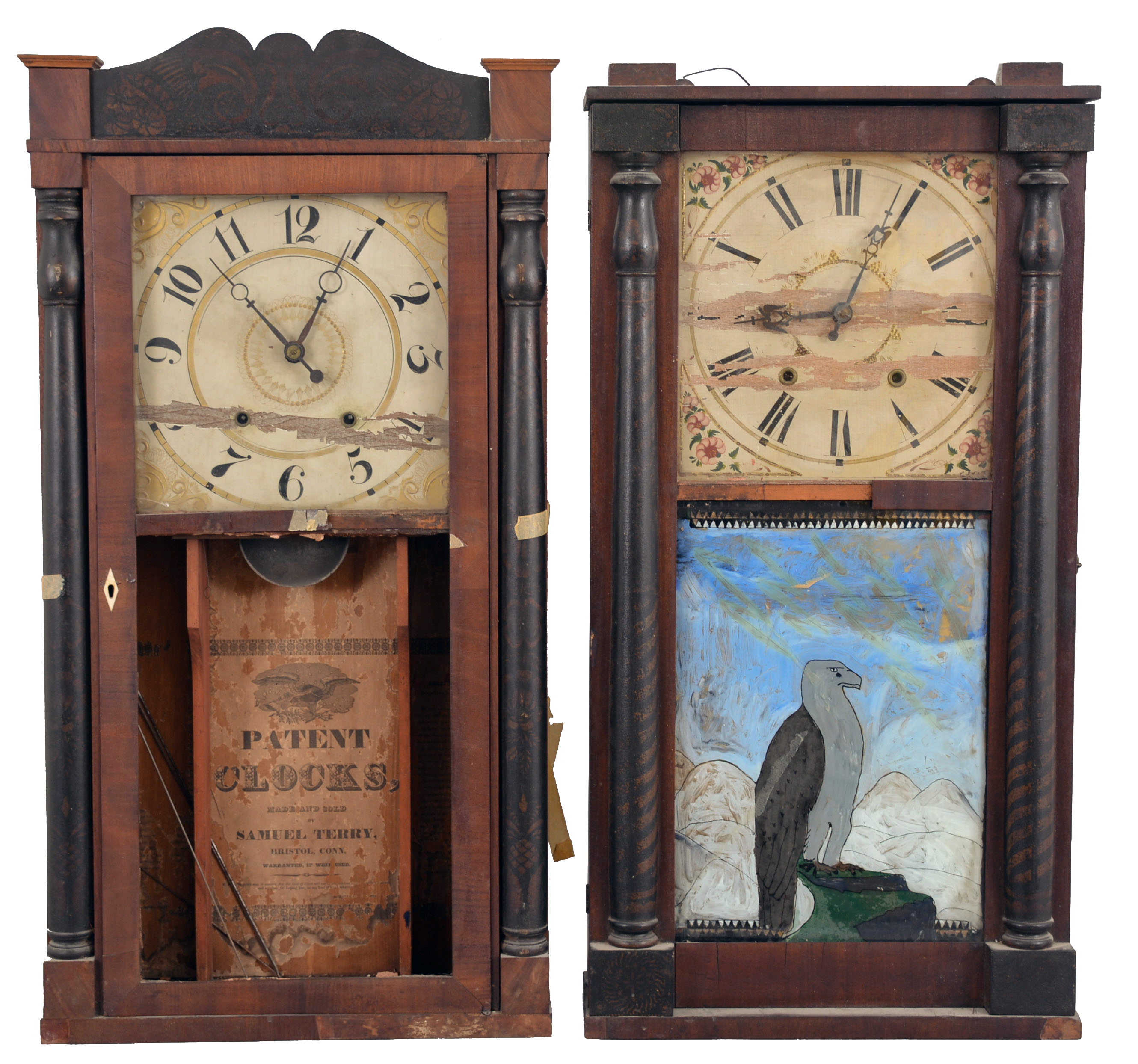 Clocks- 5 (Five): (1) Samuel Terry, Bristol, Conn., 30 hour, time and strike, weight wood movement half column & splat shelf clock, c1830; (2) David Dutton, Mount Vernon, New Hampshire, 30 hour, time and strike, weight wood movement quarter column & splat shelf clock, c1830 (3) Silas Hoadley, Plymouth, Conn., 30 hour, time, strike and alarm weight wood movement half column & splat shelf clock, c1830 (4) E.& G. W. Bartholomew, Bristol, Conn., 30 hour, time and strike, weight wood movement half column & splat shelf clock, c1830 (5) Elisha Hotchkiss, Burlington, Conn., 30 hour, time and strike, weight wood movement short pendulum turned column & splat shelf clock, c1832. — Antique Clocks Price Guide