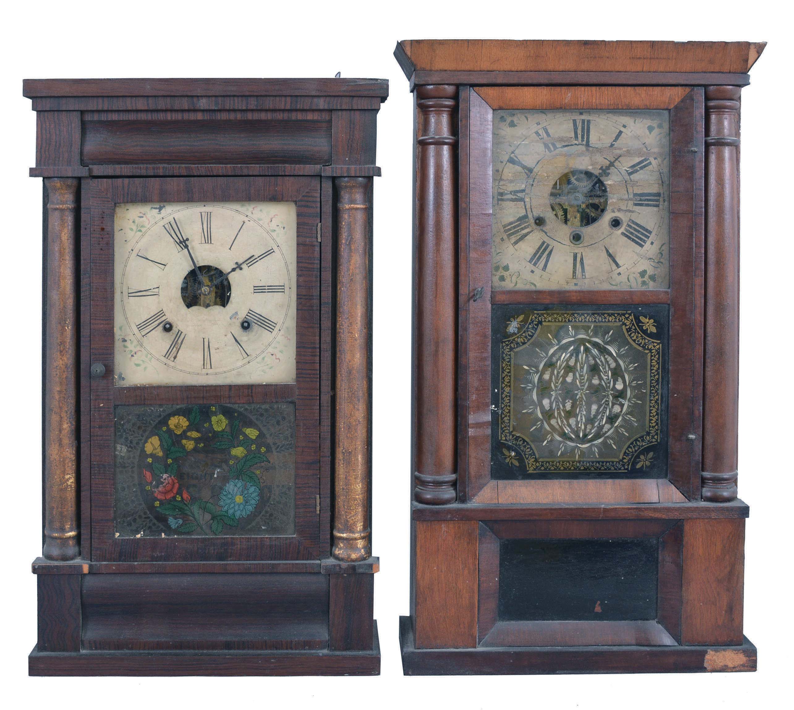 Clocks- 3 (Three): (1) Unknown, 30 hour, time, strike and alarm weight wood movement OG side shelf clock, c1830; (2) Barton, Brothers & Co.., New Haven, Conn., 30 hour, time, strike and alarm weight brass movement column & cornice shelf clock, c1855 (3) J. C. Brown, Bristol, Conn., 8 day, time and strike, spring brass movement column & OG top shelf clock, c1850 — Antique Clocks Price Guide