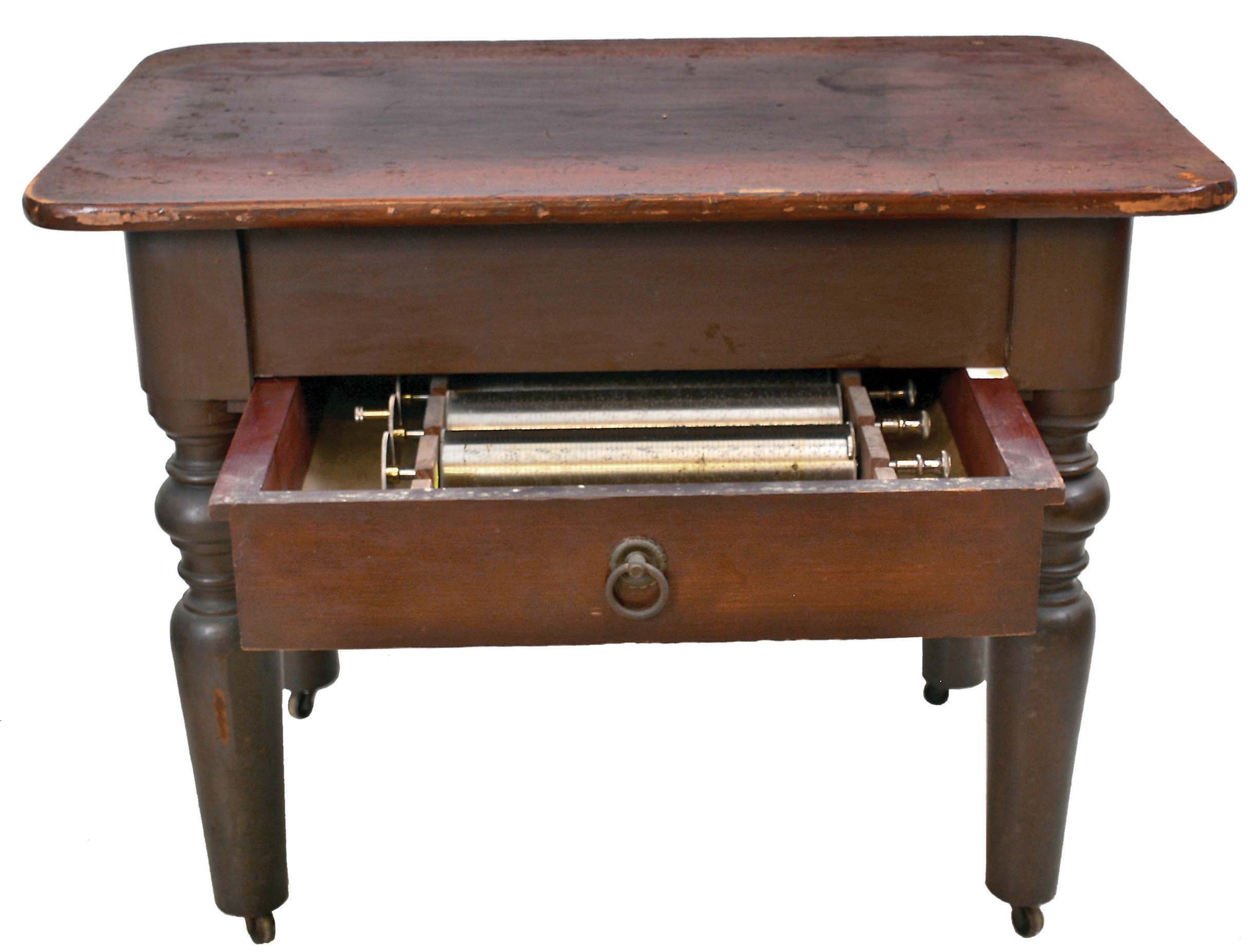 A music box table or stand of stained pine, including 3 (Three) Mermod Freres cylinders from an interchangeable box, width 11.2 inches — Antique Clocks Price Guide
