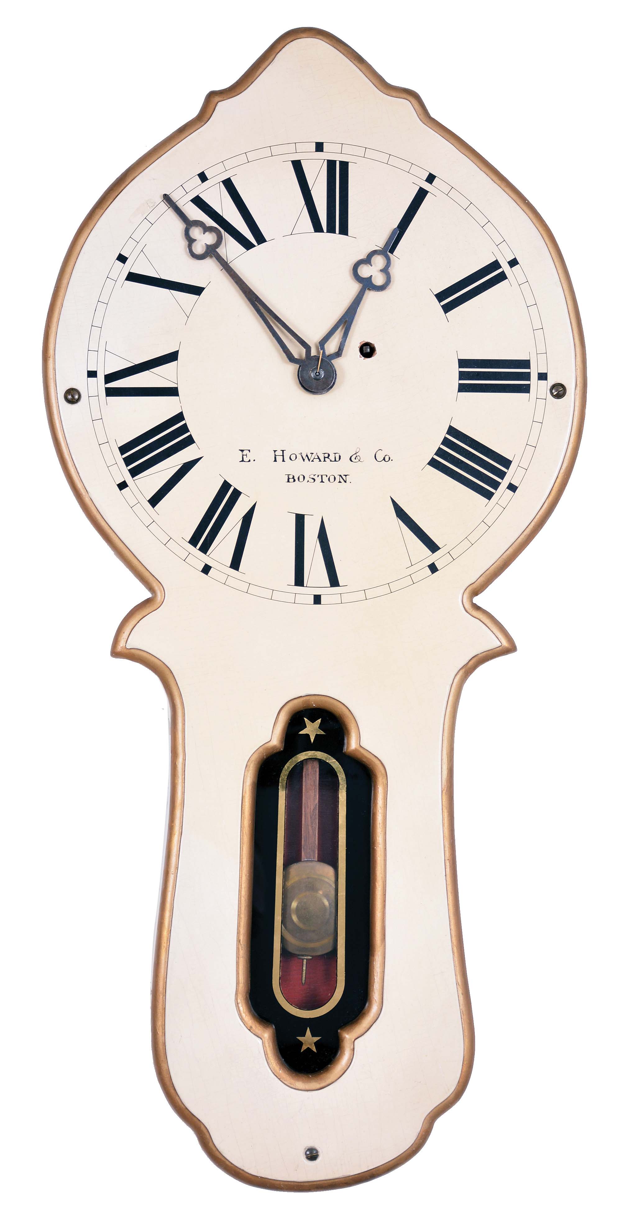 E. Howard & Co., Boston, Mass., "No. 28 Marble Dial" wall clock, with applied front panel including the 12-inch roman numeral dial signed "E. Howard & Co. Boston" and lower glazed section with black and gold leaf decoration, tri-foil steel hands, original white painted case housing the eight day brass movement stamped "E. Howard & Co./Boston/28" with recoil escapement, regulation from case top, evidence of Geneva stop, lead counter weight on intermediate wheel, iron weight cast "59", wooden pendulum rod and brass-faced bob. — Antique Clocks Price Guide
