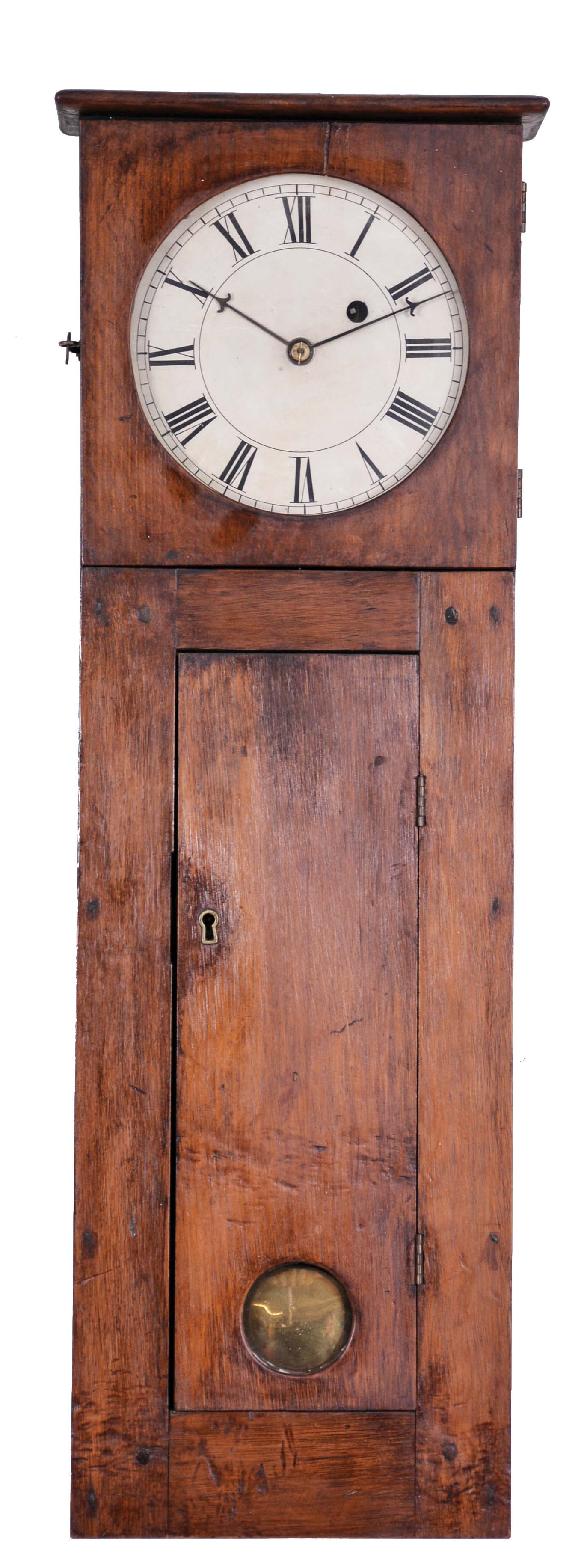 Bench-Made Shaker Timepiece with butter nut and pine flat top mortice and tenon case, zinc roman numeral painted dial, upper glazed door opens to the dial and barbed hands, lower door lenticle for pendulum viewing and hinged for access, eight day period "banjo" movement with step train, recoil escapement and lead weight. — Antique Clocks Price Guide