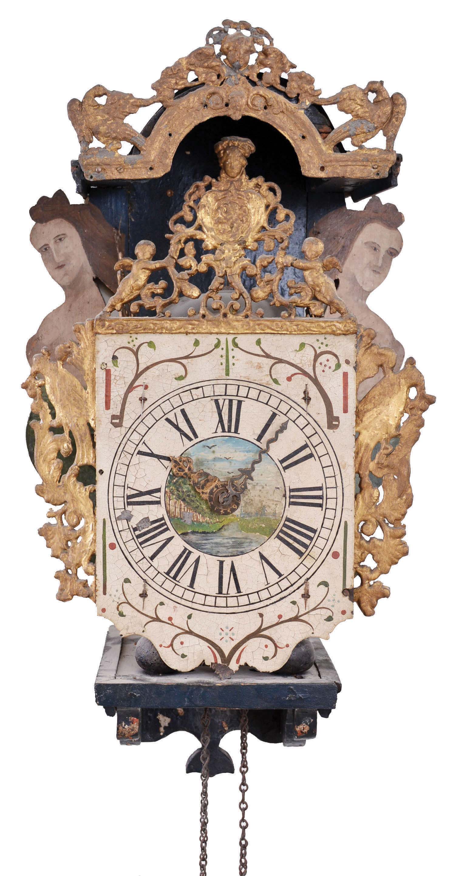 Dutch, Stoelklok, full size, time and bell strike wall clock, single weight, continuous chain drive, with restorations — Antique Clocks Price Guide