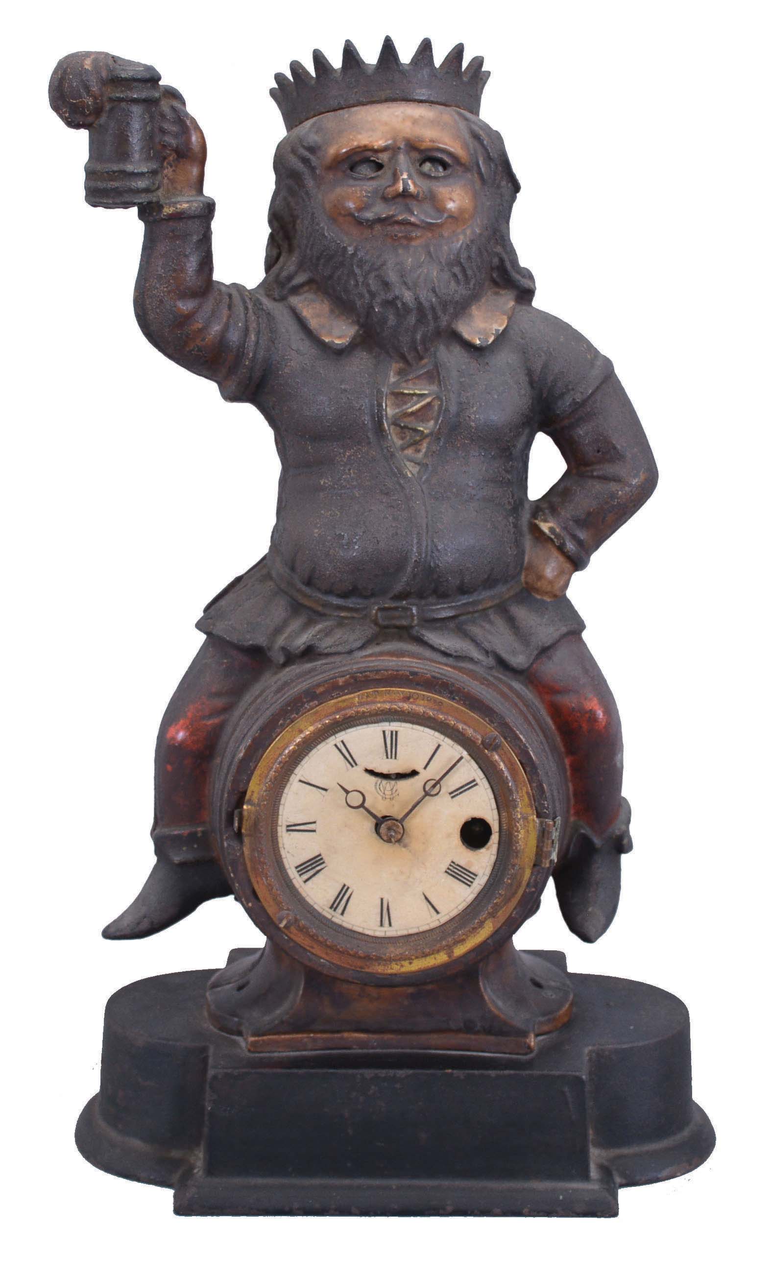 Gambrinus "King of Beer" blinker, case by Bradley & Hubbard, Meriden, Conn. (pat 1859), Blinking Eye movement by Waterbury, in original paint (with wear) and with crown intact, 30 hour novelty, paper dial with Waterbury logo. — Antique Clocks Price Guide