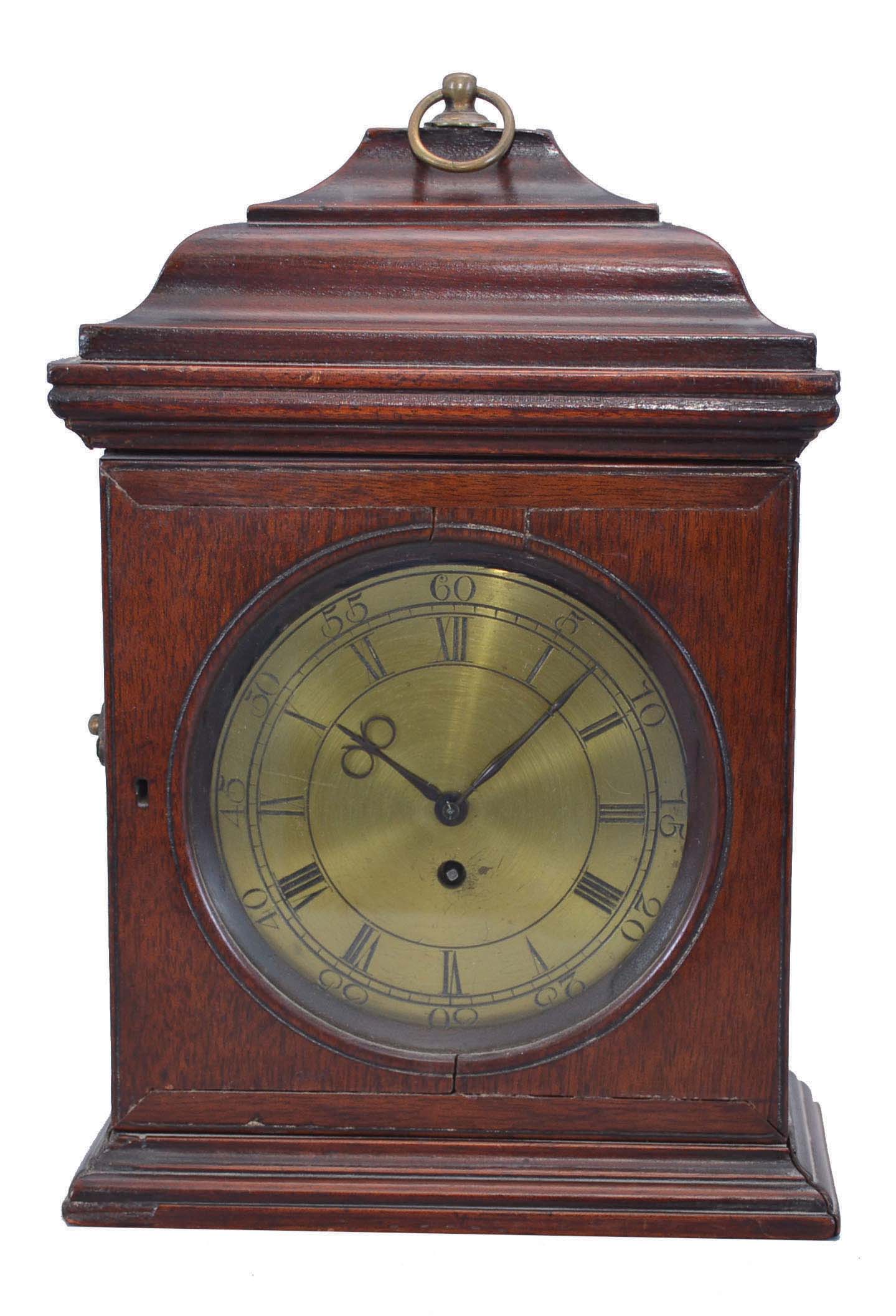 European (Continental), small bracket clock, late 18th century, with fusee / crown wheel / pivoted pendulum movement, and engraved brass dial, in a primitive bell top case of English appearance, with slide-up back and with restorations. Approx 3 day duration (6 rounded channels in fusee) . — Antique Clocks Price Guide
