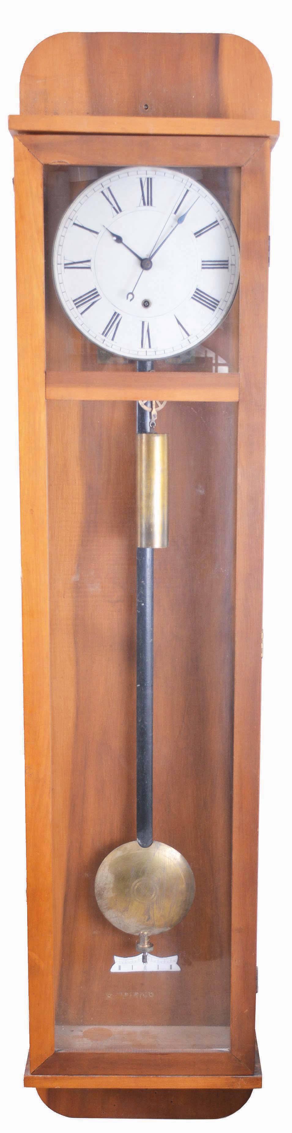 German seconds beating, center seconds regulator movement (unsigned) from late 1800s, now in a purpose built cherry case circa 1950. Dial is paint on tin with narrow spun brass bezel, probably same date as case. 8 day — Antique Clocks Price Guide