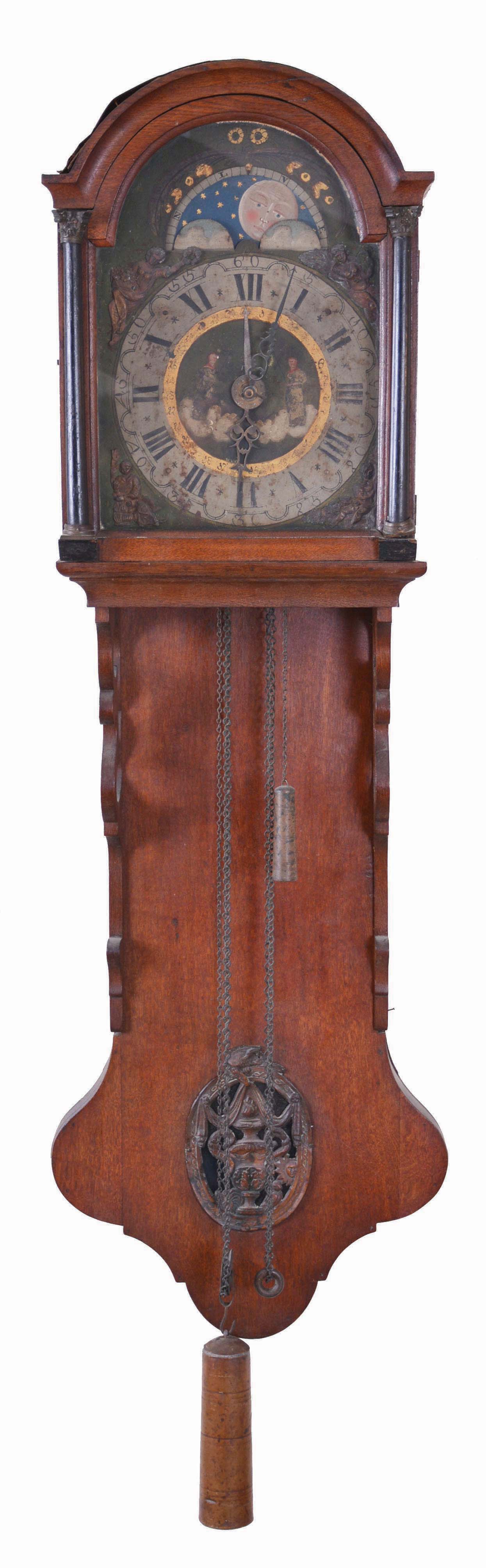 Dutch Friesland hooded staartklok or "tail" clock, weight driven, intact with rolling moon dial and alarm; embossed brass depictions of the 4 seasons in spandrel areas. — Antique Clocks Price Guide