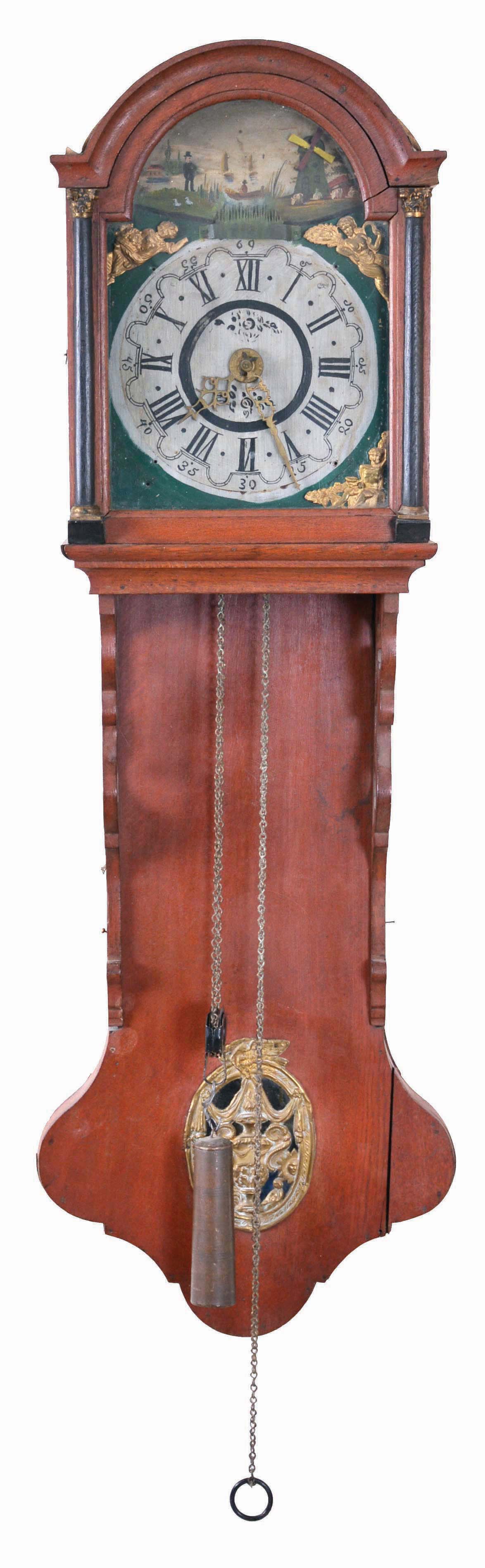 Dutch Friesland hooded staartklok or "tail" clock, weight driven, with animation in the arch, a windmill to the right and a fisherman to the left, driven off a pulley on the front of the escape wheel arbor. — Antique Clocks Price Guide