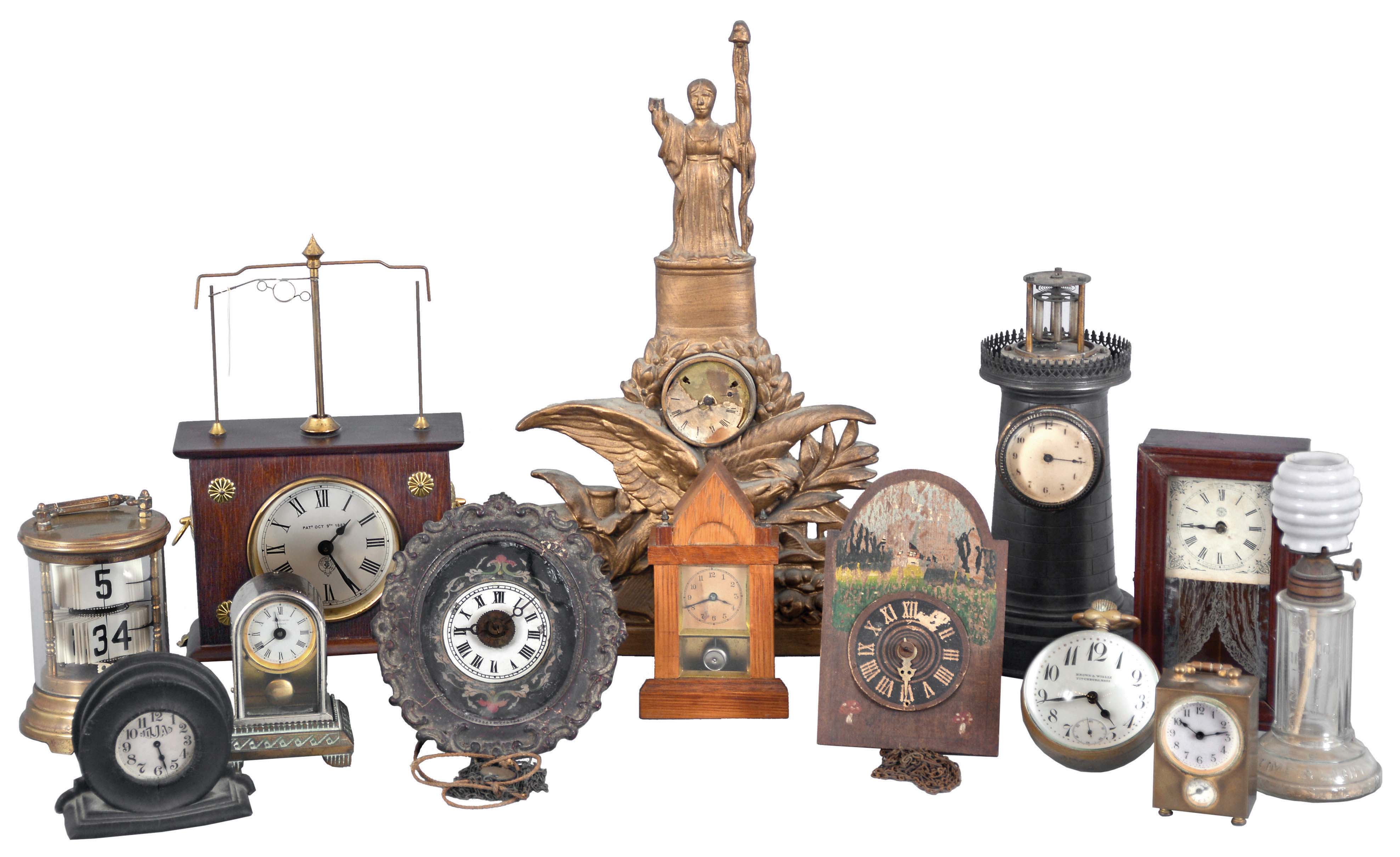 Clocks- 13 (Thirteen): (1) Horolovar repro of Flying Pendulum clock; (2) Oil lamp clock with shade (Pride of America); (3) c1904-Plato digital leaf clock; (4) Miniature New Haven OG (6in); (5) tiny 2 in movement German wall clock, weight driven; (6) New Haven lighthouse clock LESS top, duplex movement intact, (7) Mini YALE pendulette steeple clock; (8) Paper Weight ball clock, sig Brown & Willis, Fitchburg. (9) A. E. Hotchkiss nickel plated pendulette (10) Waterbury brass cased mini alarm; (11) German chain drive souvenir clock; (12) 1916 Nojar stem wind watch-clock in hard rubber case; (13) Door stop clock, Lady with broken arm. — Antique Clocks Price Guide
