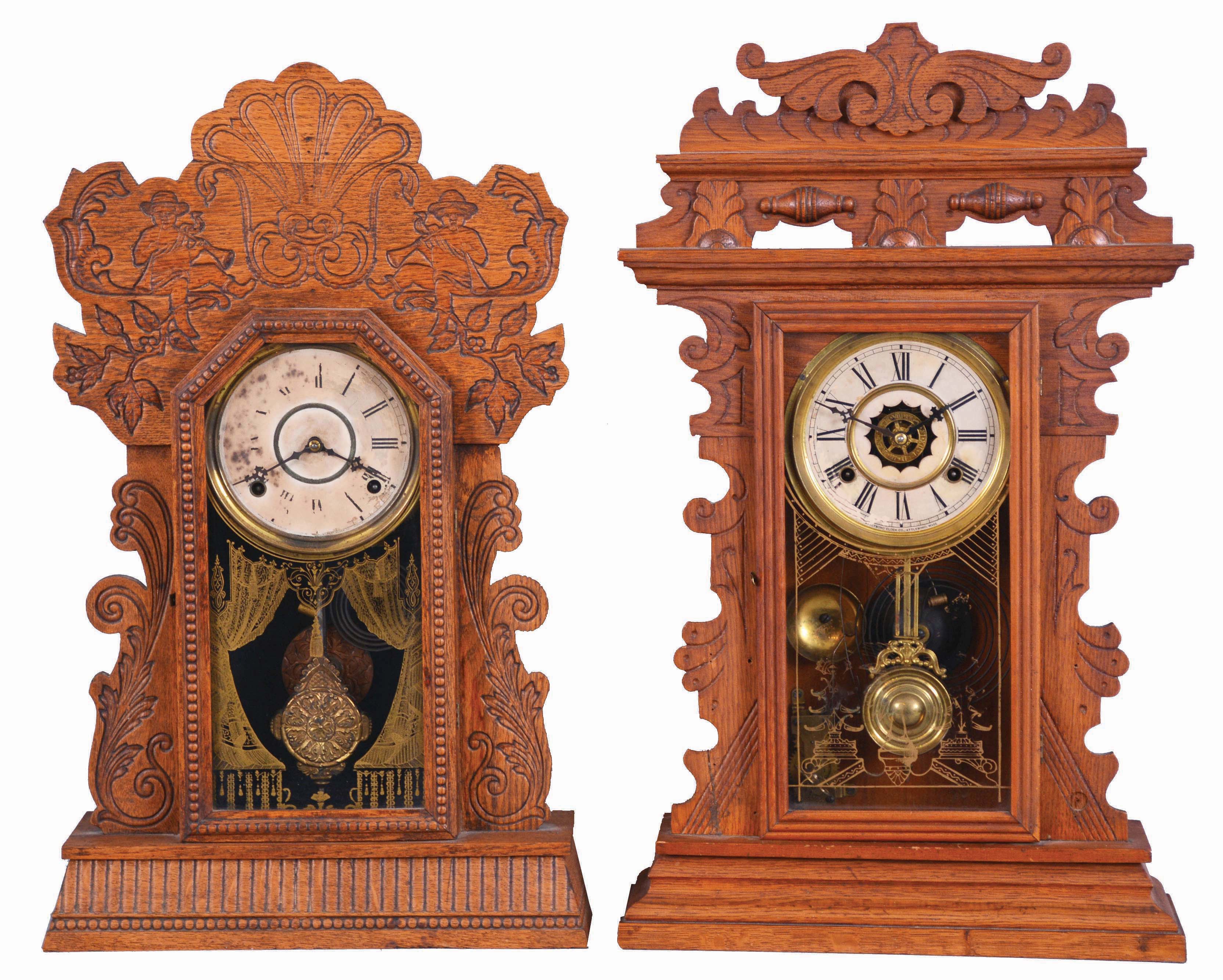 Clocks- 2 (Two): (1) William L. Gilbert Clock Co., Winsted, Conn., "Navy Set No. 25", 8 day, time end strike spring brass movement kitchen clock, c1901; (2) Attleboro Clock Co., Attleboro, Mass. "Leonard", 8 day, time and strike, spring brass movement oak kitchen clock, c1900 — Antique Clocks Price Guide