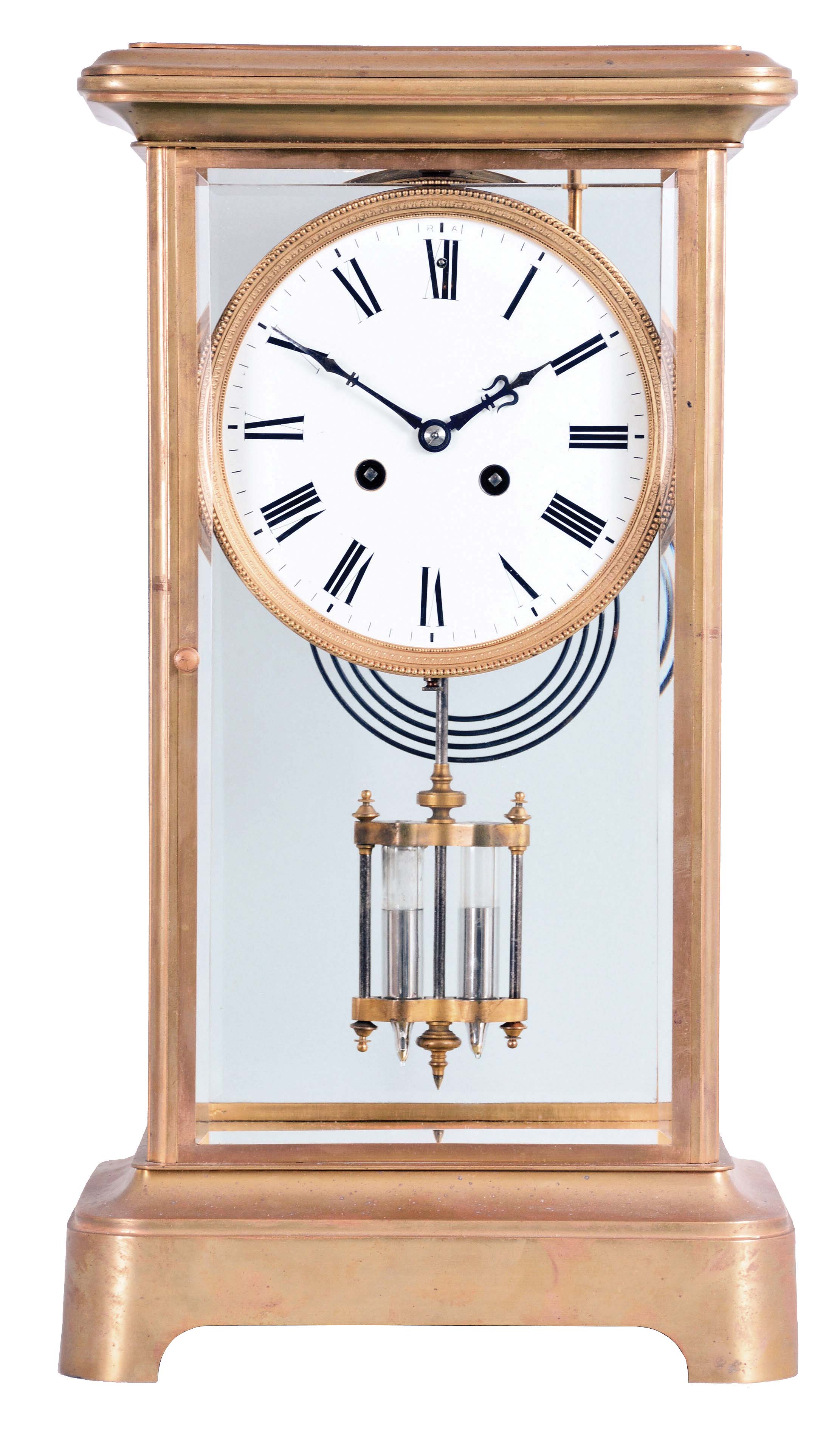 Large Crystal Regulator, Paris, with brass and beveled glass case, porcelain roman numeral dial with "R-A" regulation at the XII, eight-day spring powered round movement marked "H & F/Paris" with countwheel hour strike on a gong and two-jar mercury temperature compensated pendulum. — Antique Clocks Price Guide