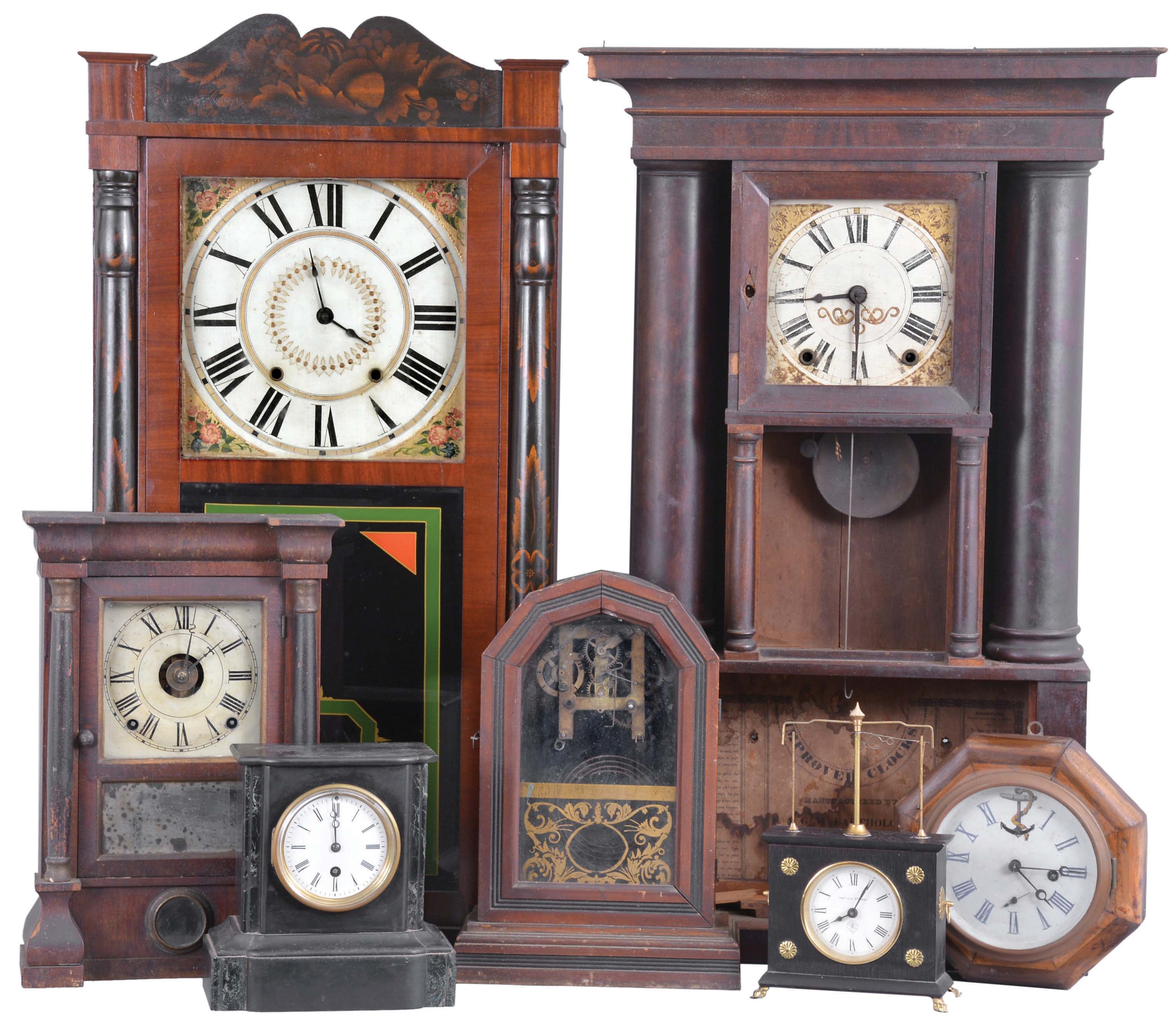 Clocks- 15 (Fifteen): (1) Germany, Kundo, 400 day, anniversary timepiece under a dome; (2) Seth Thomas Clock Co., Thomaston, Conn., 8 day, time and strike seven jewel ship's bell wall clock, c1940 (3) Horolovar Co., "Ignatz", 30 hour, spring brass movement flying pendulum novelty timepiece, c1970 (4) E. Ingraham & Co., Bristol, Conn., 30 hour, time and strike octagon top mantel clock, c1870. (5) France, 8 day, spring brass movement oval form carriage clock, c1900 (6) Unknown, 30 hour, time and strike, weight wood movement case. (7) Seiko Quartz, pyramid form mantel clock. (8) Seth Thomas Clock Co.,Thomaston, Conn. 8 day, time, strike and alarm small column & cornice shelf clock, c1870. (9) Horolovar Co., 30 hour, spring brass movement "Briggs Rotary", novelty timepiece, c1970. (10) France, 8 day, time and strike, spring brass movement black marble mantel timepiece. (11) E. & G. W. Bartholomew, Bristol, Conn., 30 hour, time and strike, weight wood movement hollow column shelf clock, c1830 (12) Unknown, 30 hour, spring brass lever movement octagon wall timepiece, c1870 (13) Jerome's & Darrow, Bristol, Conn., empty case. (14) Unknown, S. B. Terry?, 30 hour, time and strike, weight brass movement small OG shelf clock. (15) Jerome's & Darrow, Bristol, Conn. half column & splat clock case, c1835 — Antique Clocks Price Guide