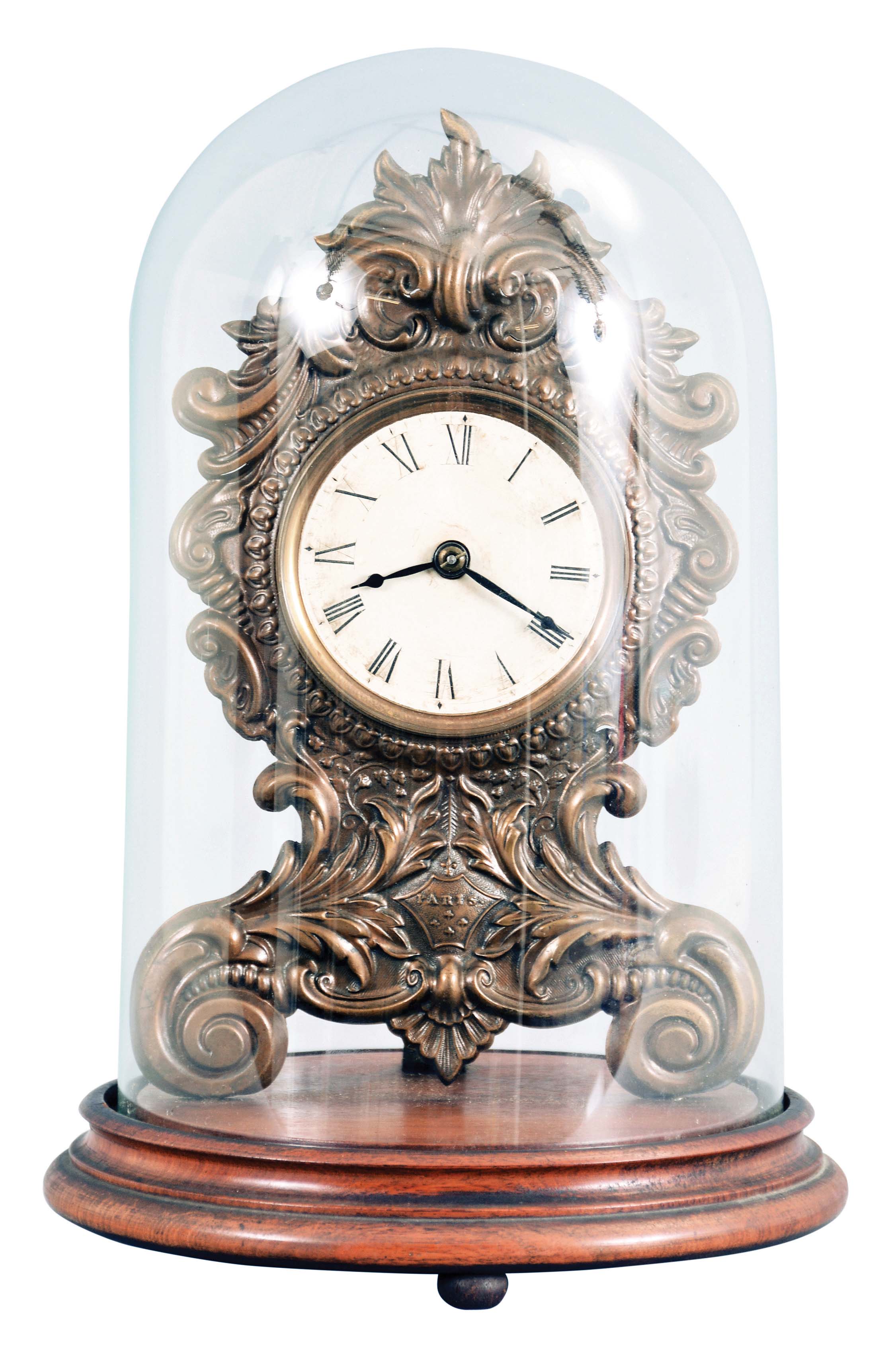 Coe & Co., New York, 30 hour, spring driven, embossed brass front "Paris" model shelf timepiece with Samuel N. Botsford's patent lever escapement movement. These were also sold by Jerome Manufacturing Co., New Haven, Conn., — Antique Clocks Price Guide