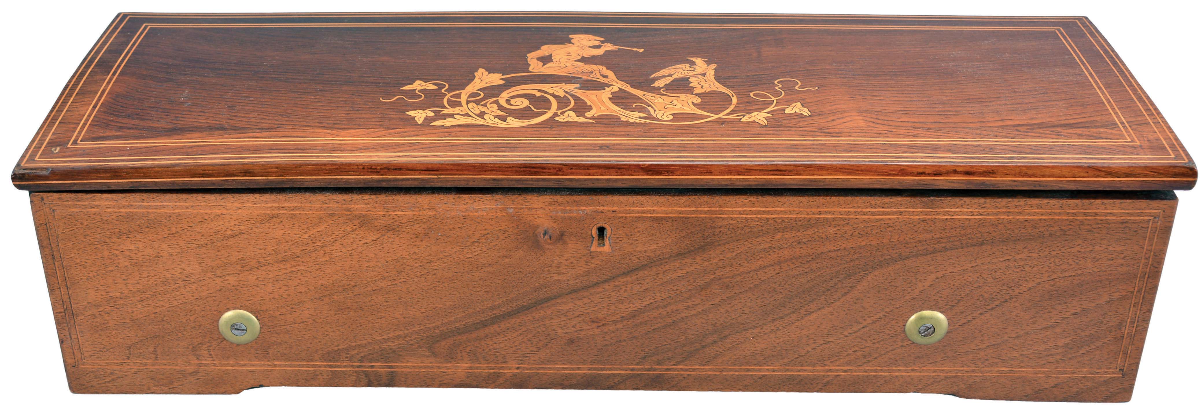 Nicole Freres, Geneva, Switzerland, 8 tune music box with a 13 inch cylinder playing on a comb with approximately 96 teeth in an inlayed rosewood veneer case. — Antique Clocks Price Guide