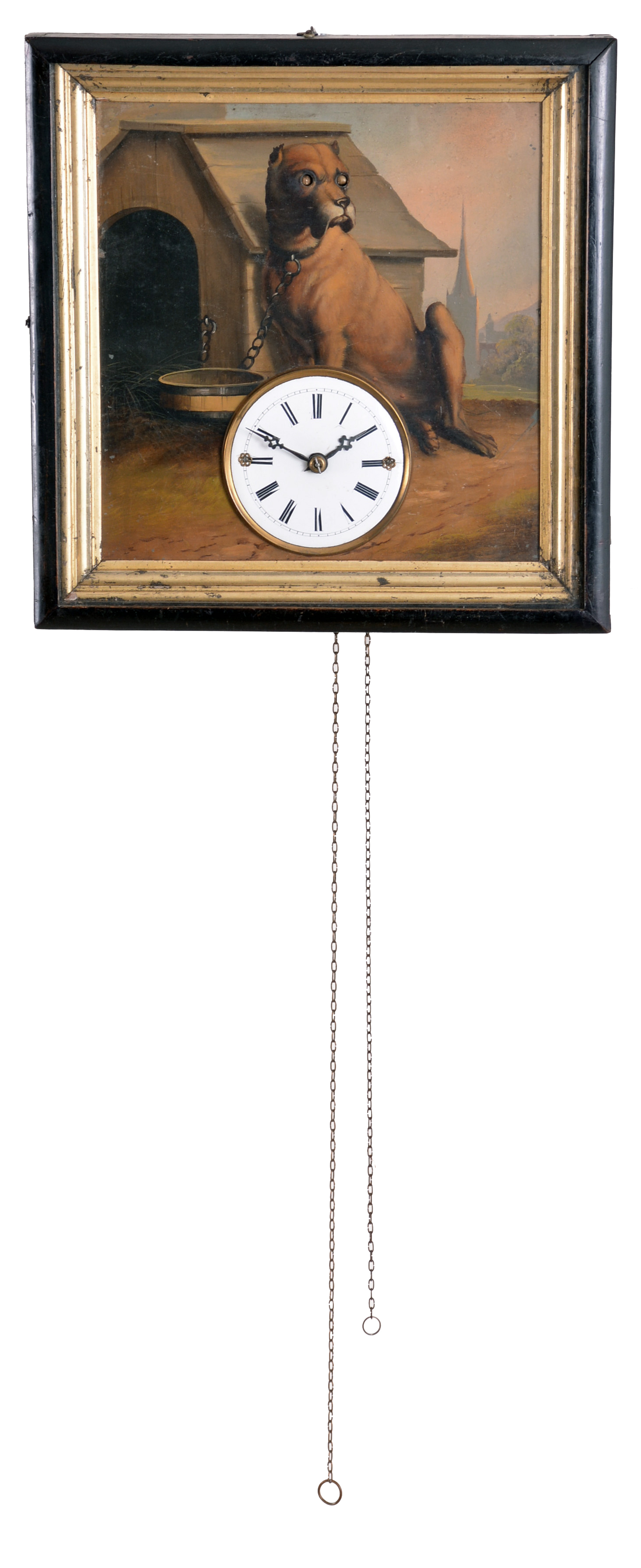 Germany, an interesting, picture frame "Augenwender" or turning eye clock, the ebonized frame with gilt liner, and containing a painting on zinc of a large, seated dog, chained to his house, and with coopered water bowl, Roman numeral white enamel dial, steel hands, and 30 hour time and strike movement with wooden plates, counting the hours on a gong, and animating the dog's eyes — Antique Clocks Price Guide