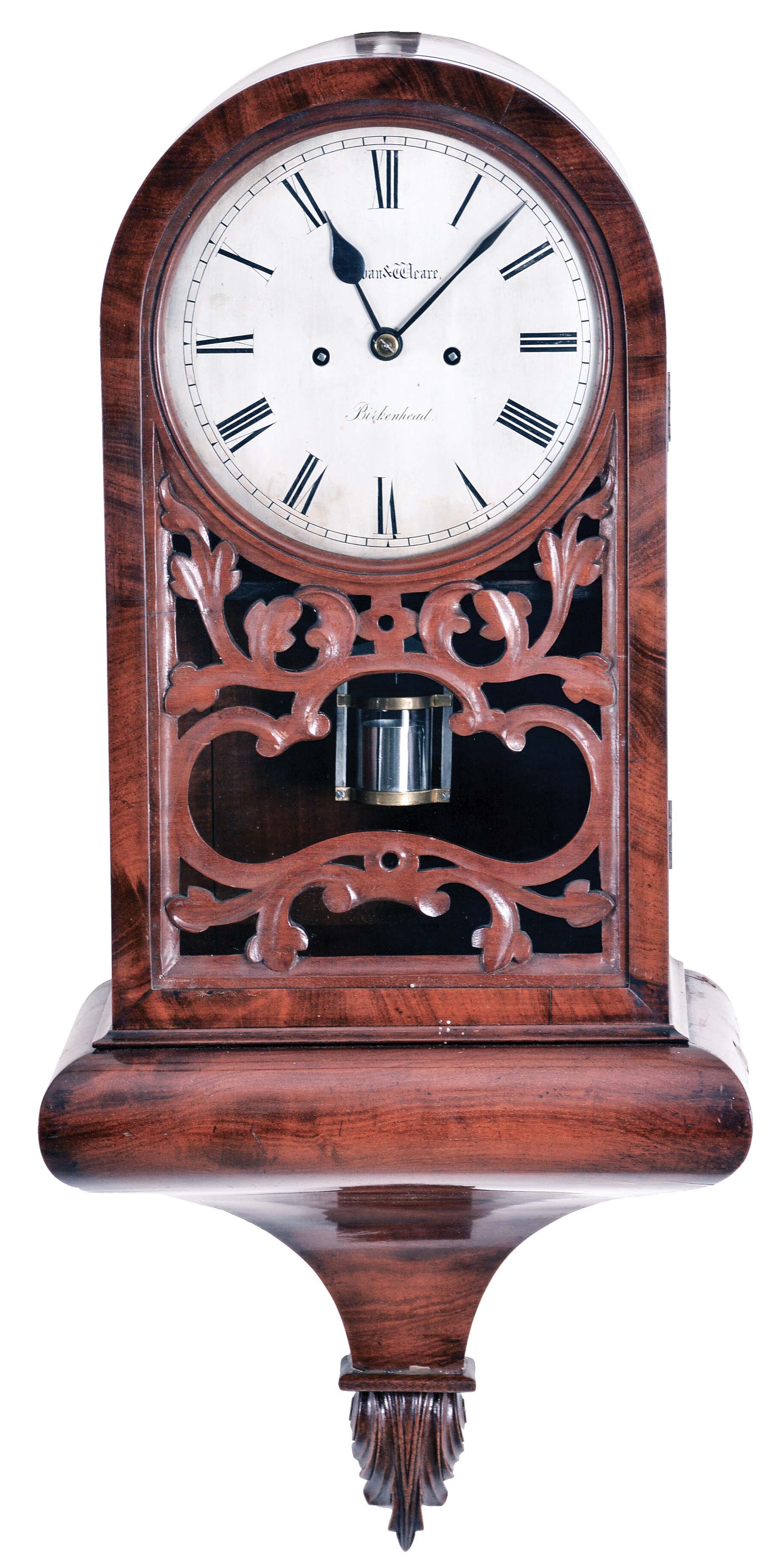 Bevan and Weare, Birkenhead, a small, mid 19th century hanging regulator, the mahogany arch top case with glazed door containing a carved fret, base with deeply molded bottom bracket and carved drop, Roman numeral silvered dial, blued steel spade and poker hands, 8 day, time and strike fusee movement with shouldered plates, recoil escapement, and half seconds beating mercury pendulum, striking on a gong — Antique Clocks Price Guide