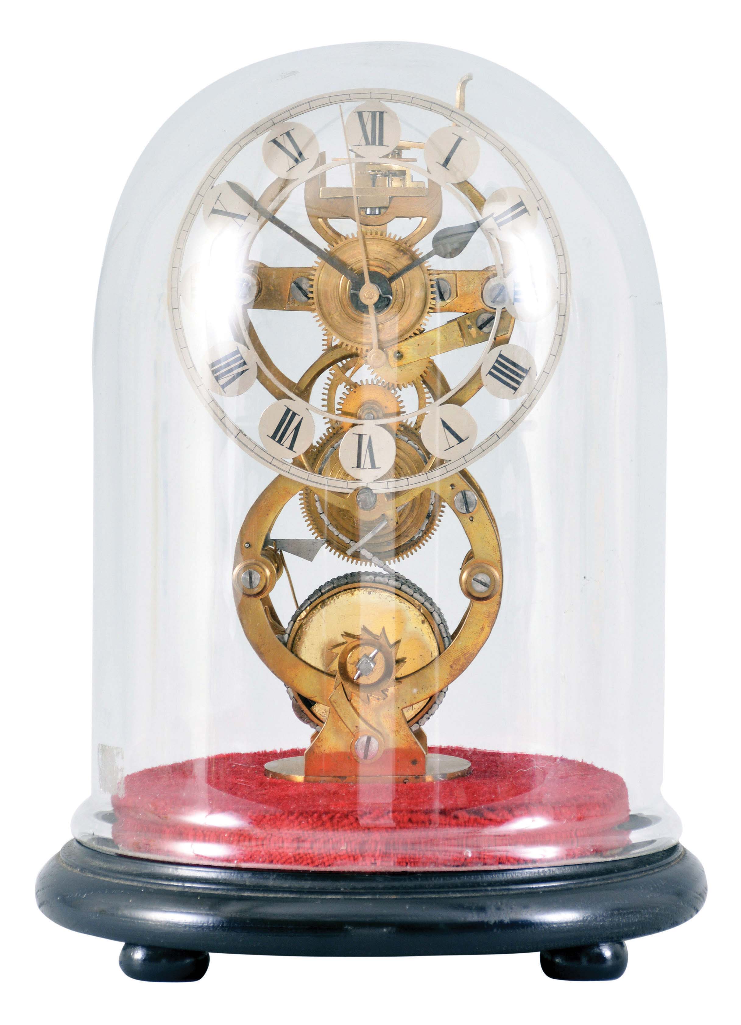 England, skeleton timepiece with center seconds and platform escapement, pierced, triple Venn diagram frame, Roman numeral silvered dial, blued steel spade and poker hands, 8 day fusee movement with 7 jewel lever platform and brass balance, all on a turned, ebonized base with glass dome — Antique Clocks Price Guide