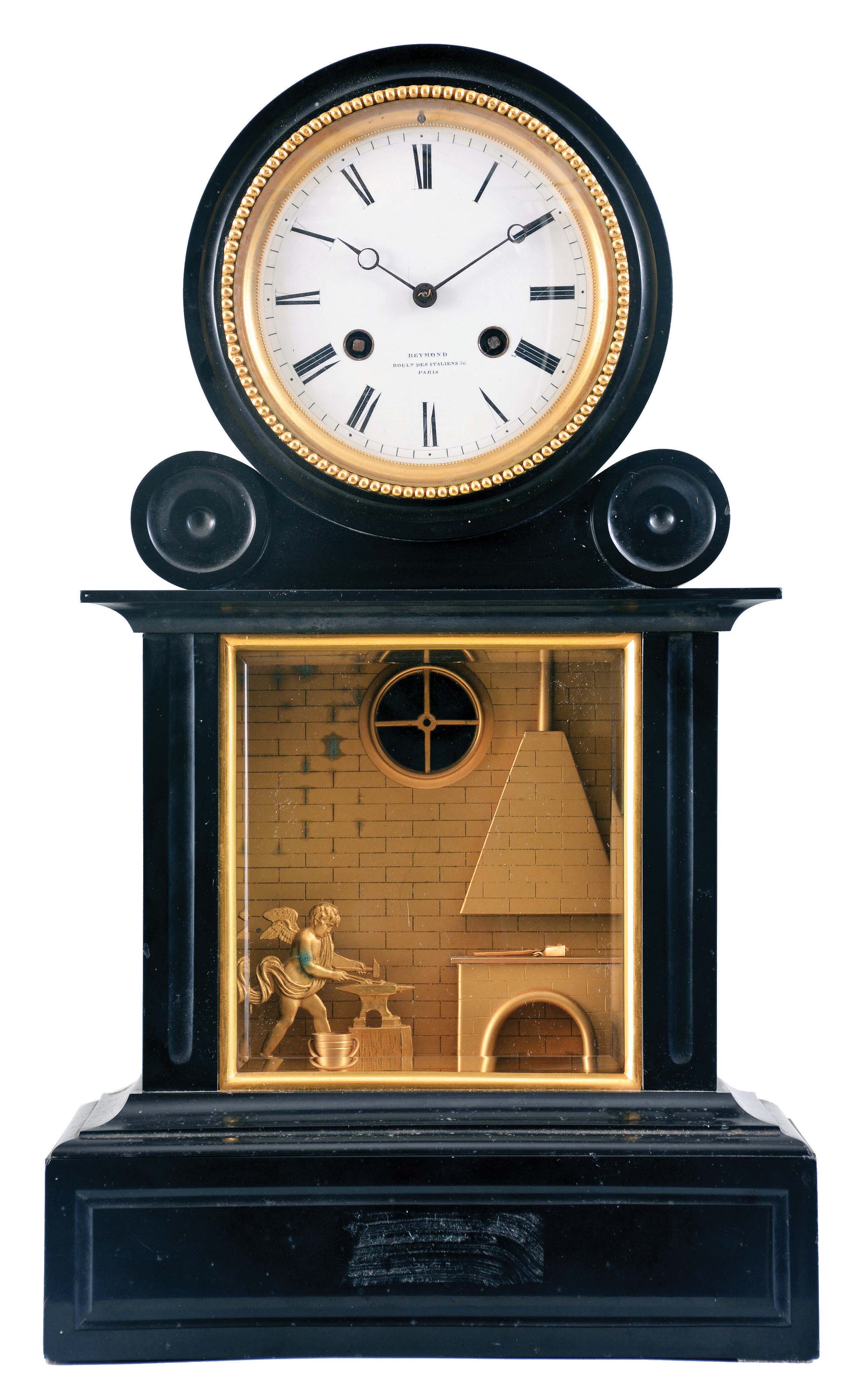 Reymond, Boult. des Italiens 36, Paris, a black slate mantel clock with automata, the stone case with rectangular, molded base, drumhead top, and mid section with gilt trimmed bevelled glass panel, before a gilt bronze blacksmith shop diorama, the forge at right, and with figure of cupid at his anvil, forging arrows, his hammer rising and falling as the clock strikes, signed Roman numeral white enamel dial, blued steel Breguet style hands, 8 day, time and strike pendule de Paris movement — Antique Clocks Price Guide