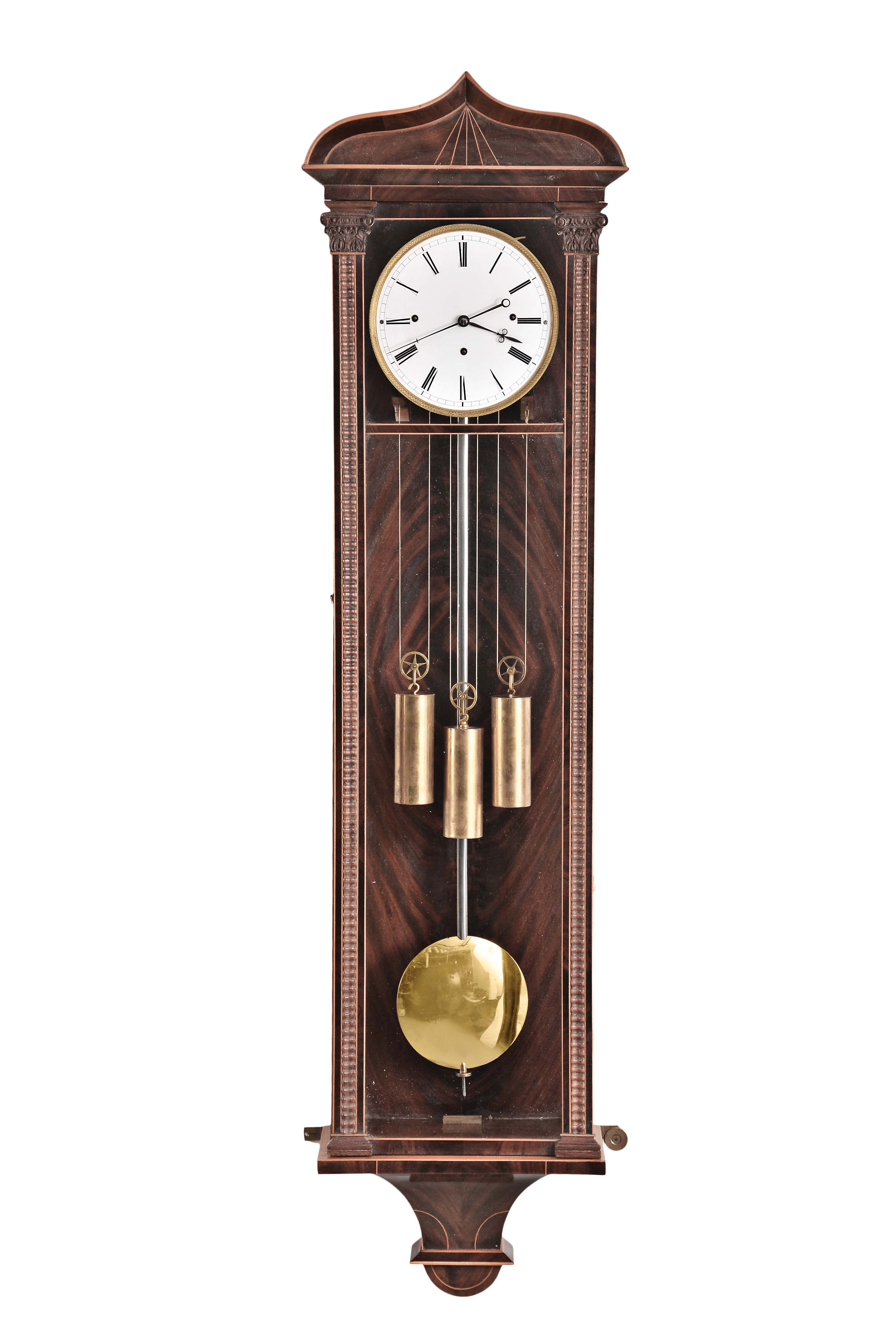 Austria, a mid 19th century, 3 train "Dachluhr", polished, mahogany veneered six light case with sycamore stringing, the base with deeply incurved bracket, door with flanking pilasters, carved capitals and central ripple molding, the case top with cupids bow gable, Roman numeral, one piece white enamel dial with engine turned bezel, blued steel hands, and weight driven, three train, grand sonnerie striking movement with Vienna quarters, repeating the last hour and quarter on demand, brass pendulum with steel rod — Antique Clocks Price Guide