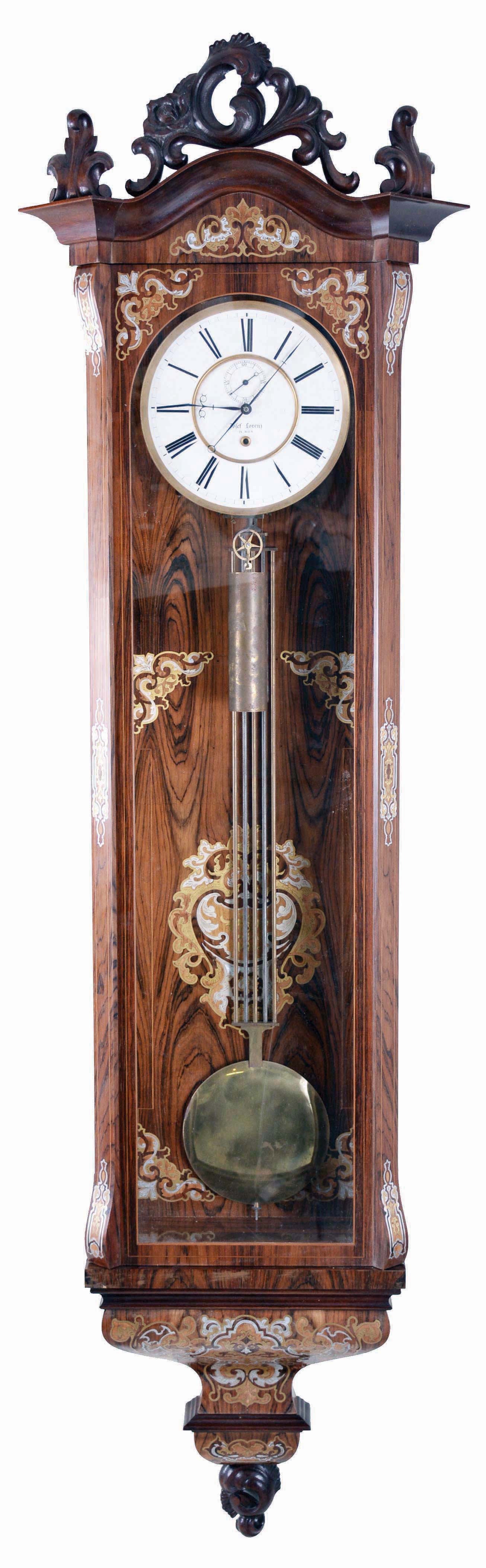 Josef Lorenz, In Wien, large Vienna regulator movement and dial, in later custom made case, 30 day, time only, brass, weight driven movement with gridiron pendulum in a rosewood veneered, pewter and brass inlaid case, with signed, Roman numeral, white enamel dial. — Antique Clocks Price Guide