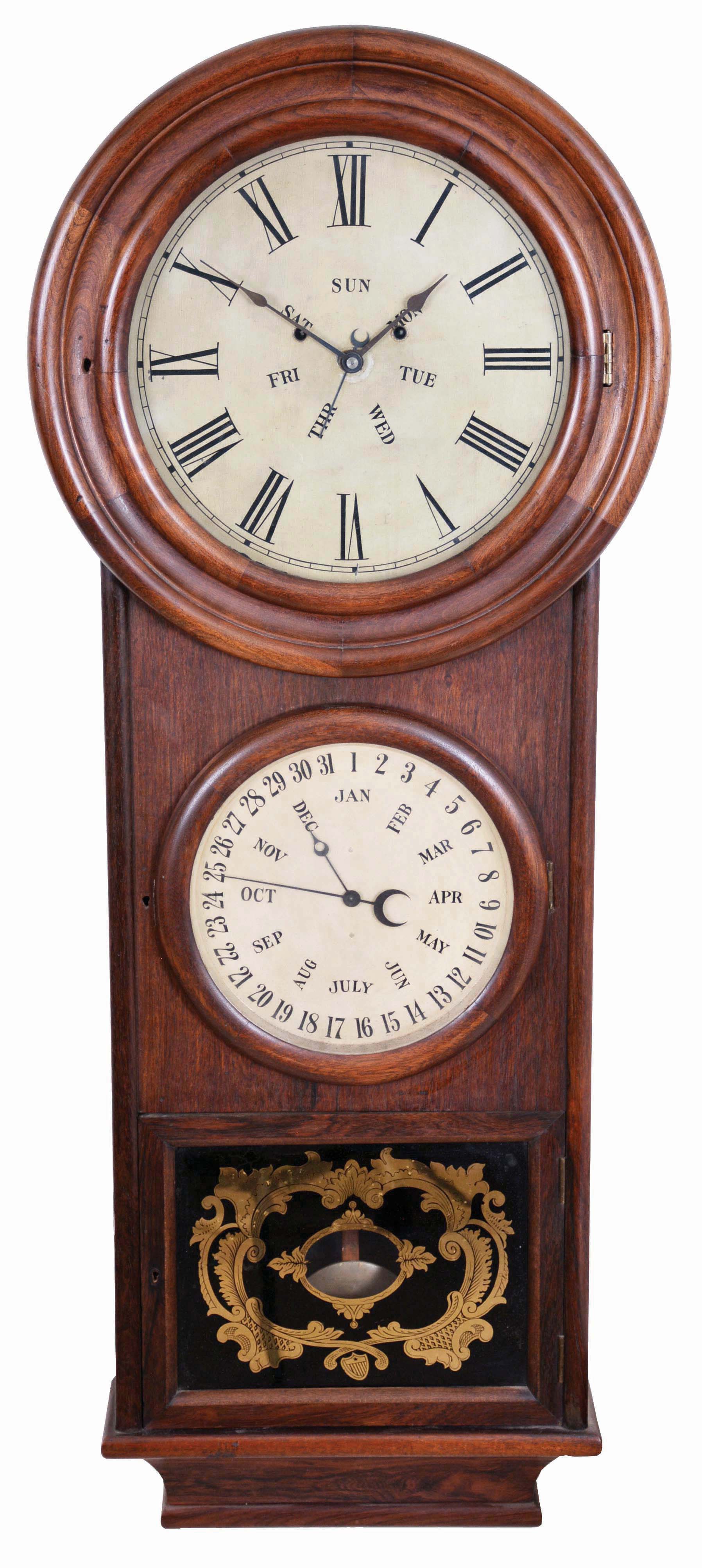 L. F. & W. W. Carter, Bristol, Conn., 8 day, time and strike, spring driven, brass movement double dial calendar wall clock. — Antique Clocks Price Guide
