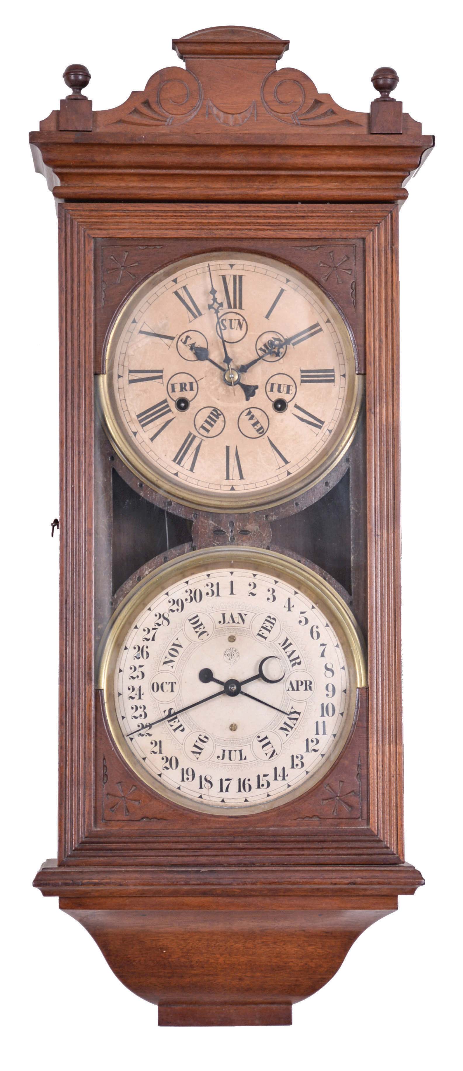 Jerome & Co. (New Haven Clock Co.), New Haven, Conn., "Register", 8 day, time and strike, spring brass movement double dial calendar clock. — Antique Clocks Price Guide