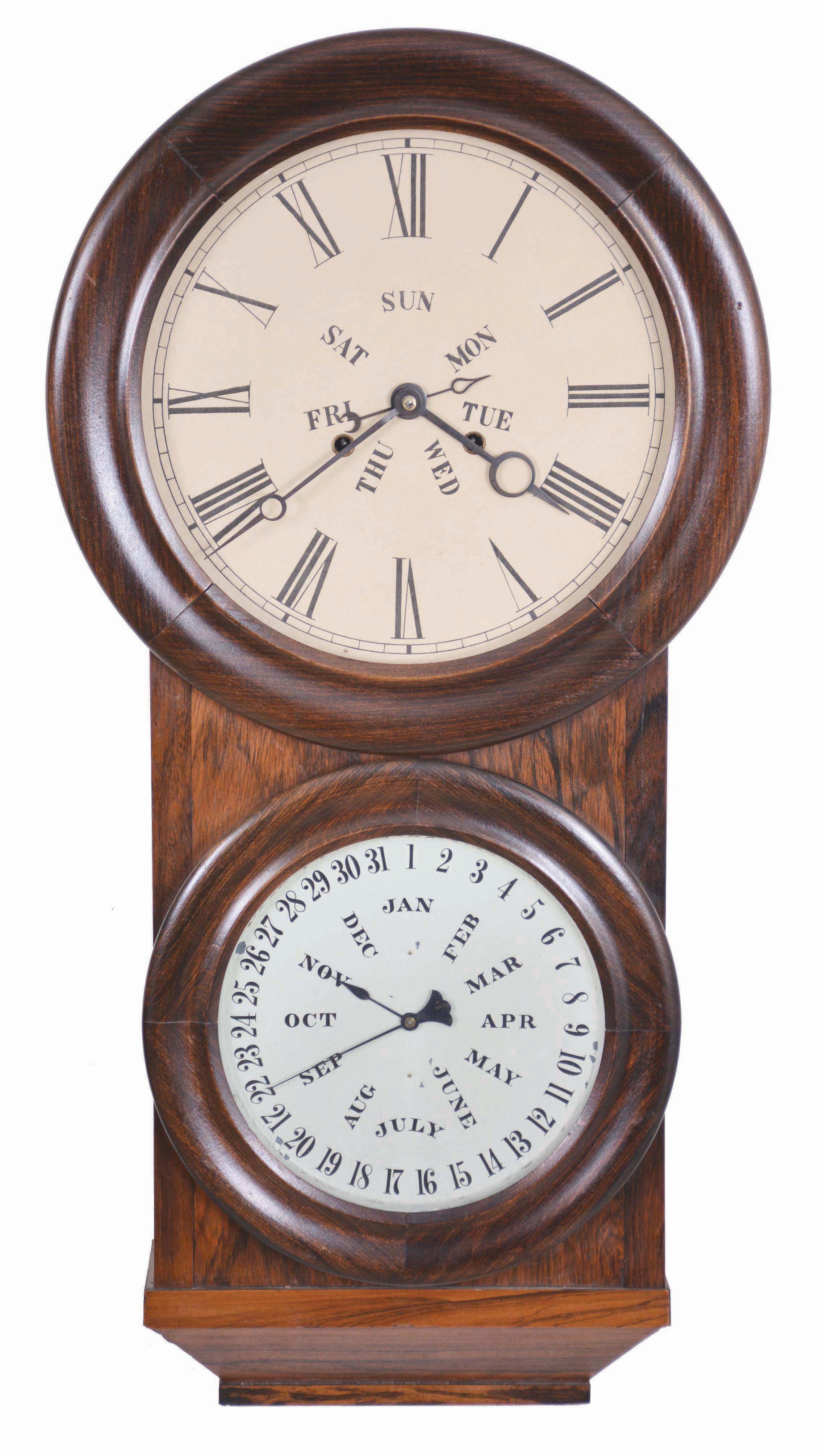 L. F. & W. W. Carter, Bristol, Conn., 8 day, double weight brass movement double dial calendar wall clock. — Antique Clocks Price Guide
