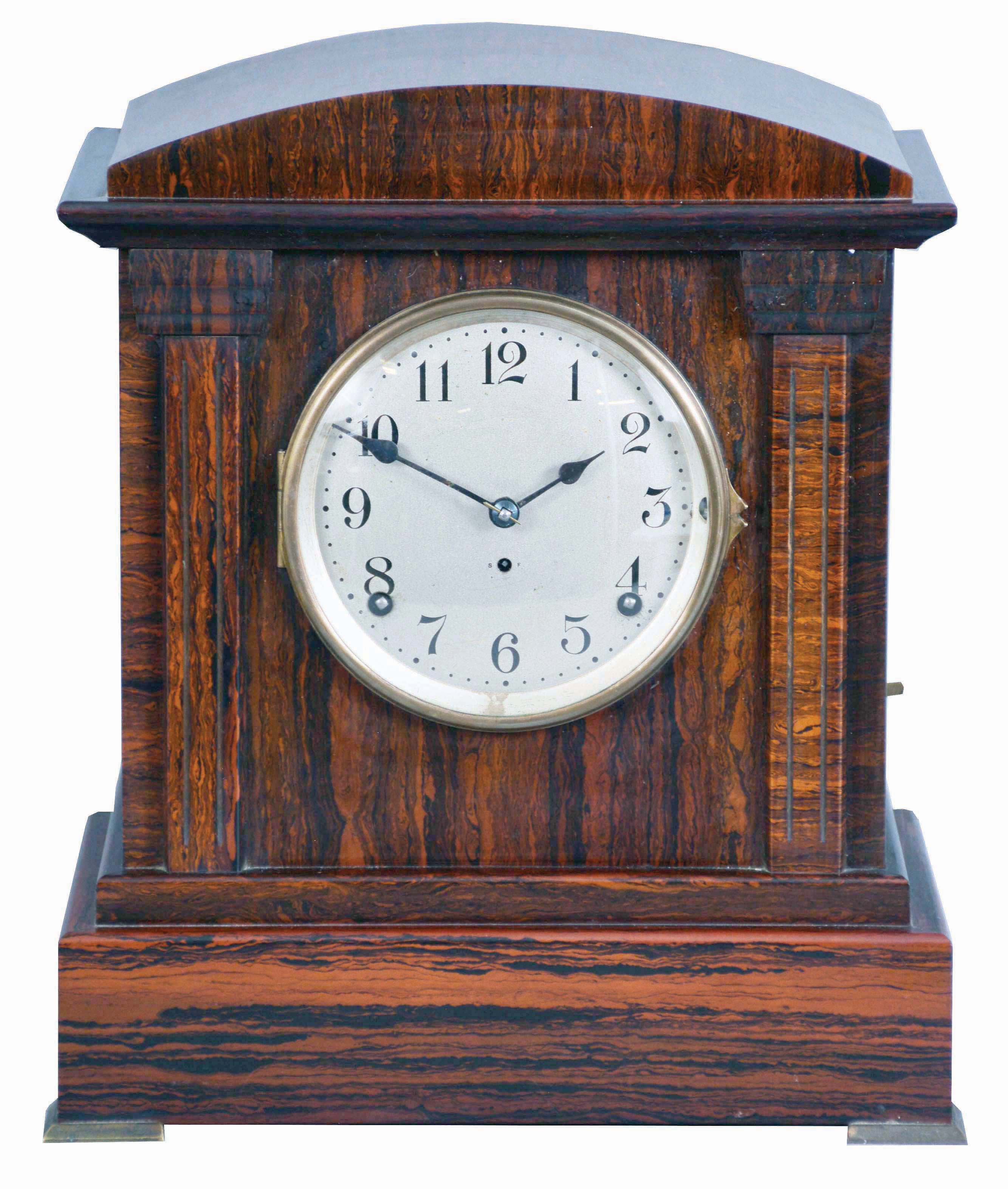 Seth Thomas Clock Co., Thomaston, Conn., "Chime Clock No. 7" shelf clock with a spring driven, 8 day time and 4 Bell Sonora strike movement in a rosewood adamantine finished case. — Antique Clocks Price Guide