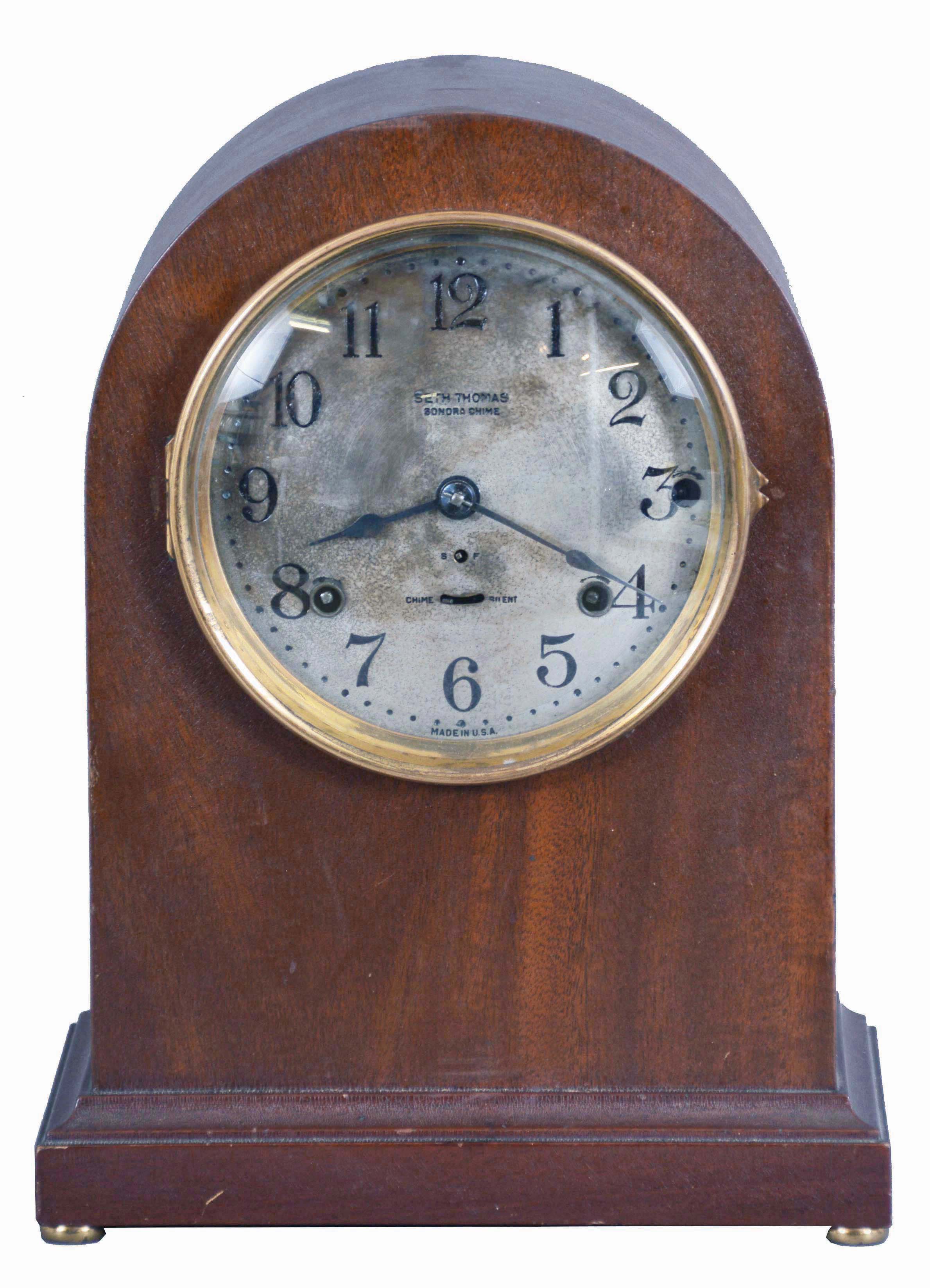 Seth Thomas Clock Co., Thomaston, Conn., "Chime Clock No. 11" shelf clock with a spring driven, 8 day time and 5 Bell Sonora strike movement in a mahogany case. — Antique Clocks Price Guide