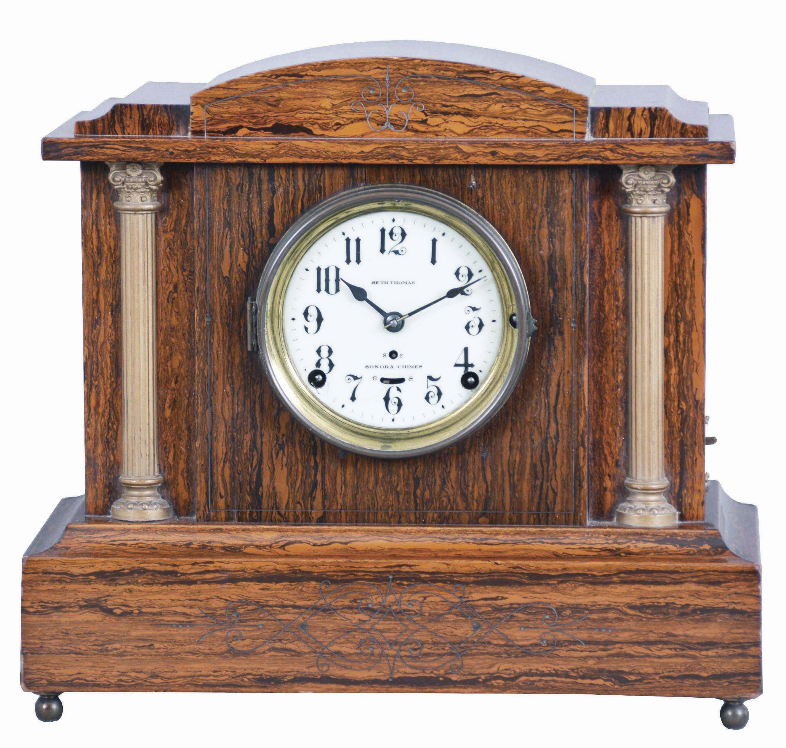 Seth Thomas Clock Co., Thomaston, Conn., "Chime Clock No. 1" shelf clock with a spring driven, 8 day time and 4 Bell Sonora strike movement in an adamantine mahogany finished case. — Antique Clocks Price Guide