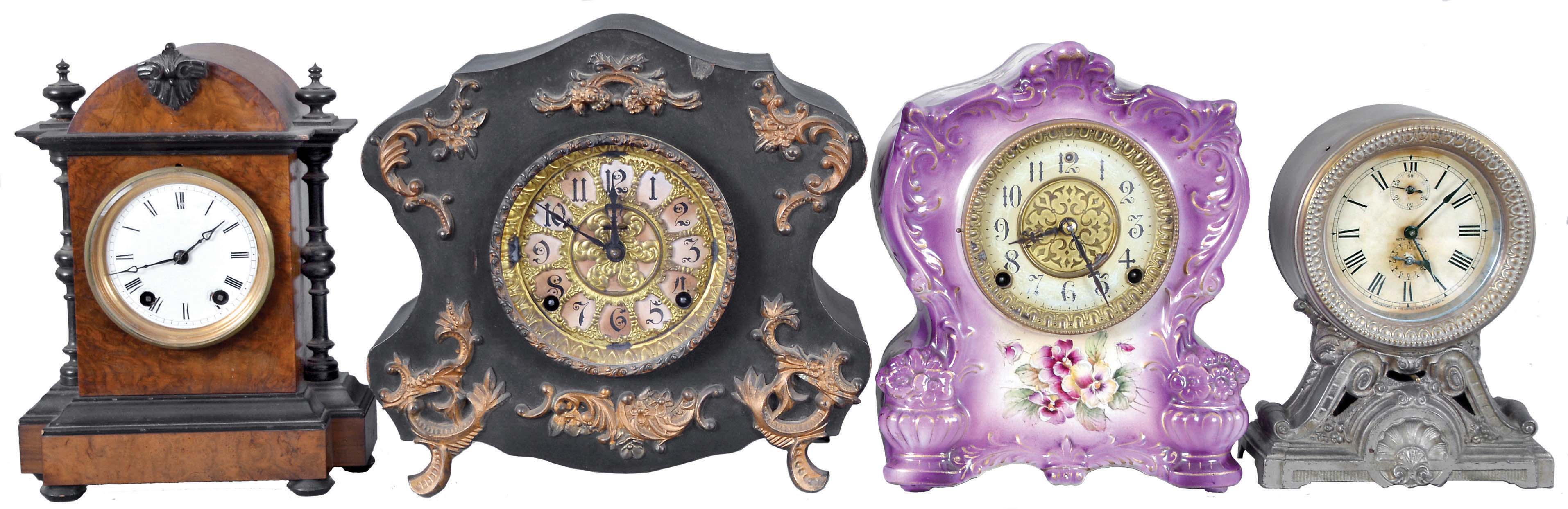 Clocks- 8 (Eight) Mantel and Shelf: Lot includes a Seth Thomas and Sons mantel clock in the French style, Gilbert time and strike porcelain clock in violet, Seth Thomas "Long Alarm", Ingraham black mantel clock with applied metal ornaments, Ingraham "Calais" mantel clock, Chauncey Jerome 30 hour steeple clock with alarm, Gilbert "Vane" mantel clock, and a Seth Thomas, Plymouth Hollow, 30 hour ogee with alarm. — Antique Clocks Price Guide