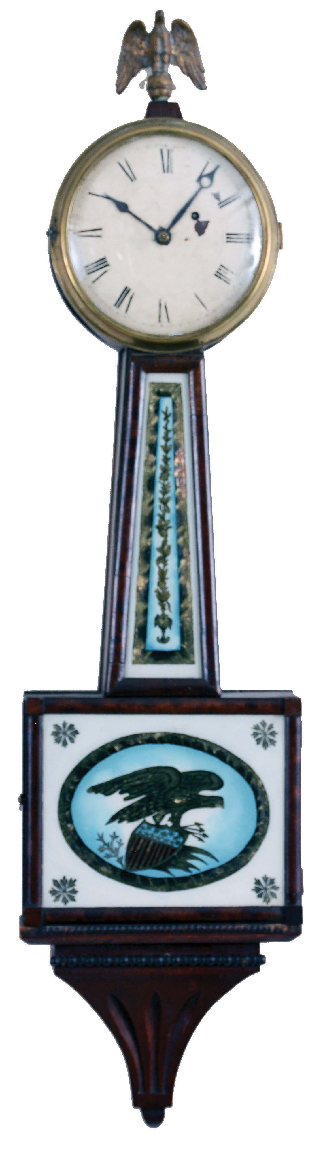 Clocks- 2 (Two): (1) Unknown, Massachusetts, 8 day, weight brass movement patent or banjo timepiece, c1830; (2) Massachusetts, 8 day, weight brass movement Patent or banjo timepiece. Dial is signed "Aaron Willard, Boston", c1825 — Antique Clocks Price Guide