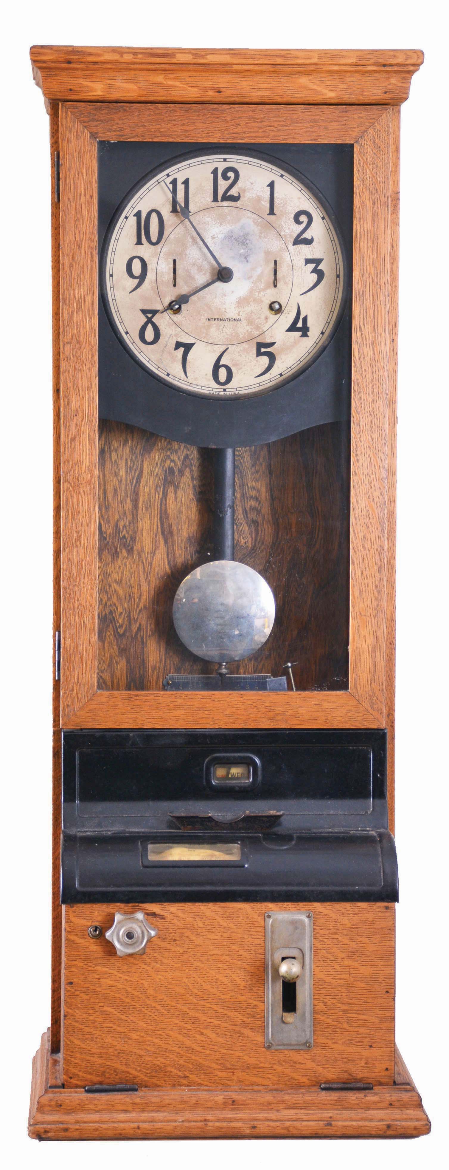 Clocks- 2 (Two) International Time Recording Co. (IBM), Endicott, New York: (1) punch clock; (2) jeweler's regulator — Antique Clocks Price Guide