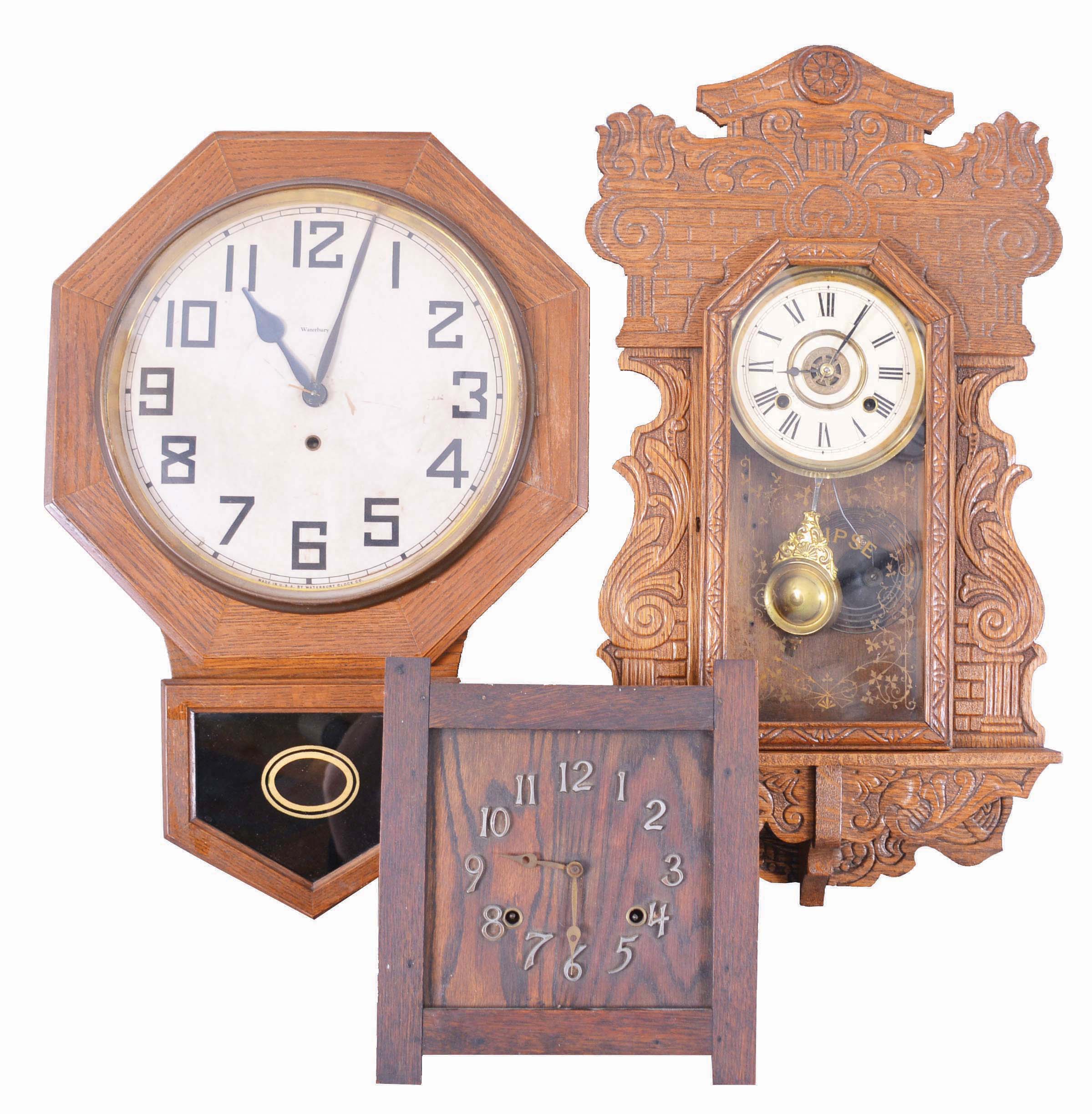 Clocks- 4 (Four) Wooden Wall: (1) Small driven mission style wall clock; (2) Ansonia time only store regulator; (3) Waterbury time only drop octagon; (4) New Haven "Eclipse" hanging gingerbread clock. — Antique Clocks Price Guide