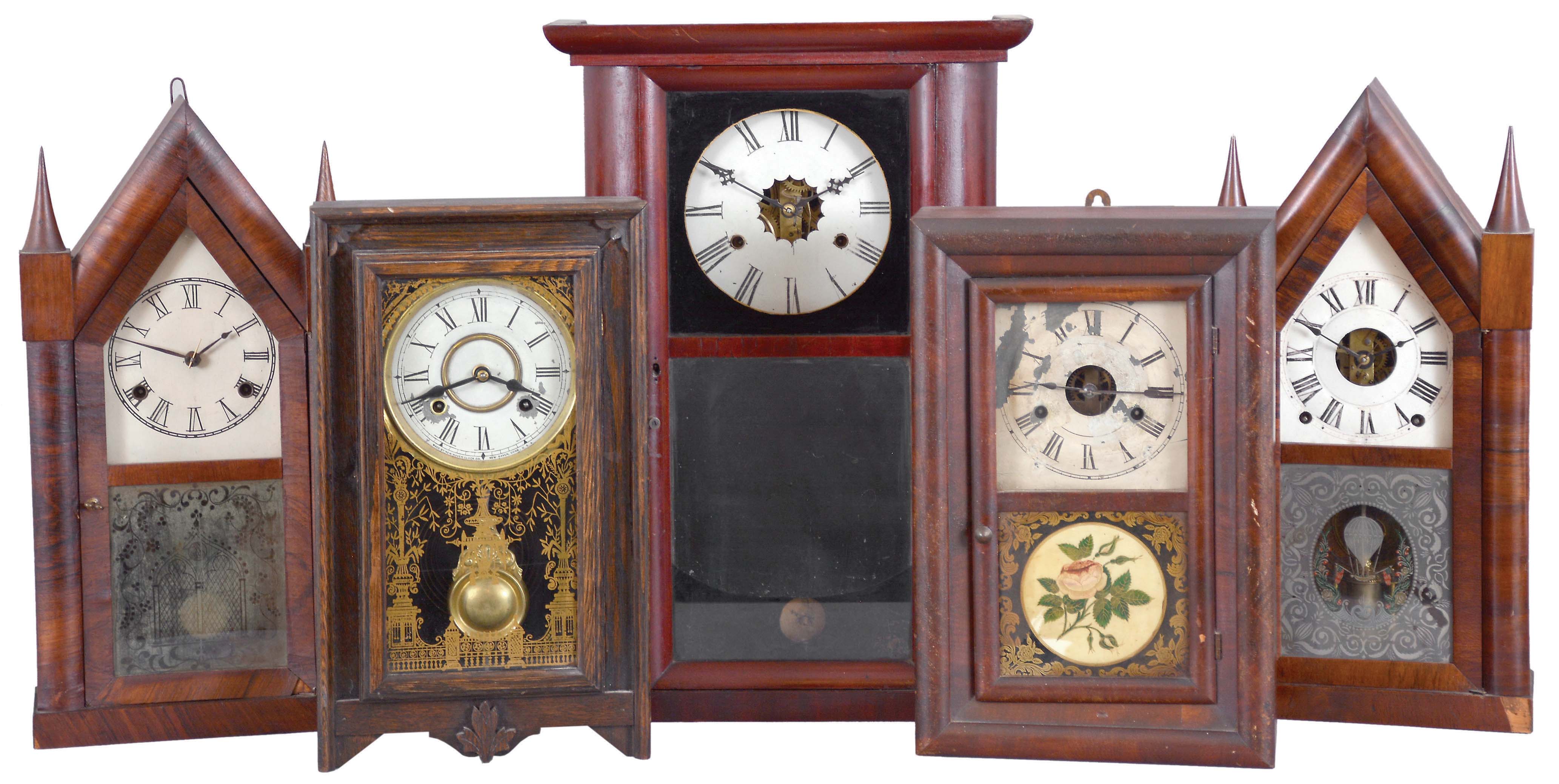 Clocks- 5 (Five): American shelf clocks: (1) Jerome's Gilbert, Grant & Co., Bristol, Conn., round side shelf clock with a weight driven 30 hour time and strike movement in a mahogany veneered case, c1839; (2) Chauncey Jerome, New Haven, Conn., steeple shelf clock with a spring driven 30 hour time and strike movement in a rosewood veneered case, c1850 (3) New Haven Clock Co., New Haven, Conn., "Gypsy Line B" shelf clock with a spring driven, 8 day, time and strike movement in an oak case, c1911. (4) Seth Thomas Clock Co., Thomaston, Conn., "Round Band" shelf clock with a spring driven 30 hour time and strike movement in a mahogany veneered case, c1870. (5) Terry & Andrews, Bristol, Conn., steeple shelf clock with a spring driven, 8 day, time and strike lyre movement in a mahogany veneered case, c1848. — Antique Clocks Price Guide