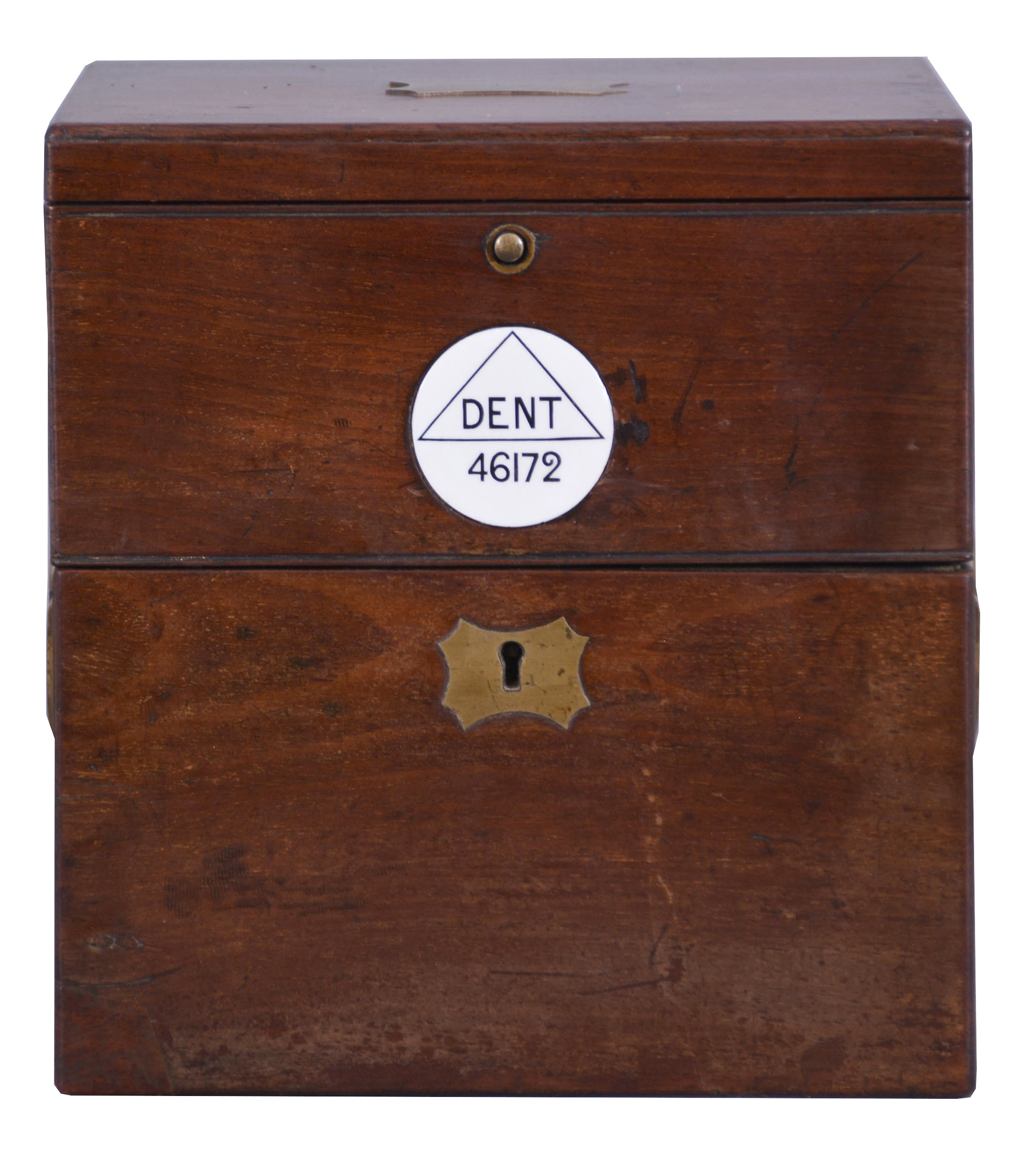 Dent, 61 Strand & 4 Royal Exchange, London, a good two day marine chronometer with Dent's staple balance, 11 jewel, free sprung fusee movement with Earnshaw's escapement, bimetallic staple balance with white helical spring and diamond endstone, Roman numeral silvered dial with wind indicator, blued steel spade and poker hands, contained in a brass bowl, and mounted in a gimballed mahogany and mahogany veneer box with brass furniture, the front with round plaque marked "Dent 46172", the inside of the lid with E. Dent & Co. label — Antique Clocks Price Guide