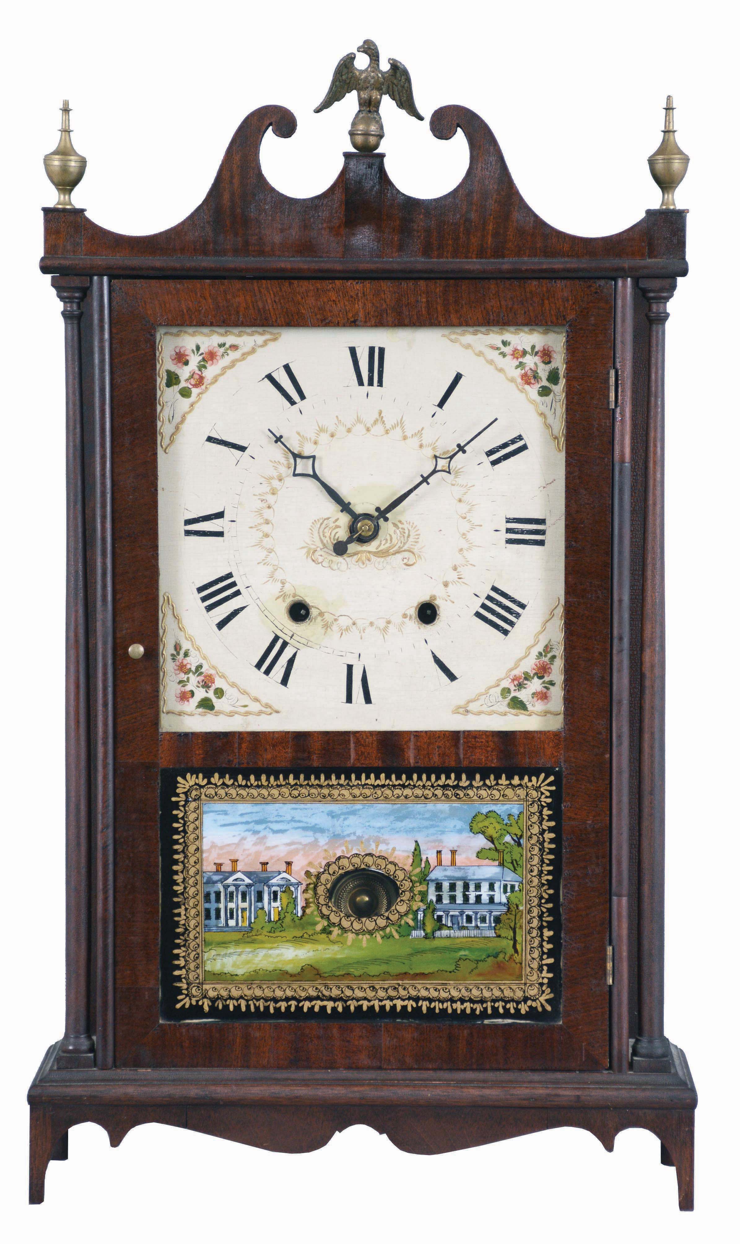 Mark Leavenworth, Waterbury, Conn. 30 hour, time and strike, weight wood movement pillar & scroll shelf clock. — Antique Clocks Price Guide