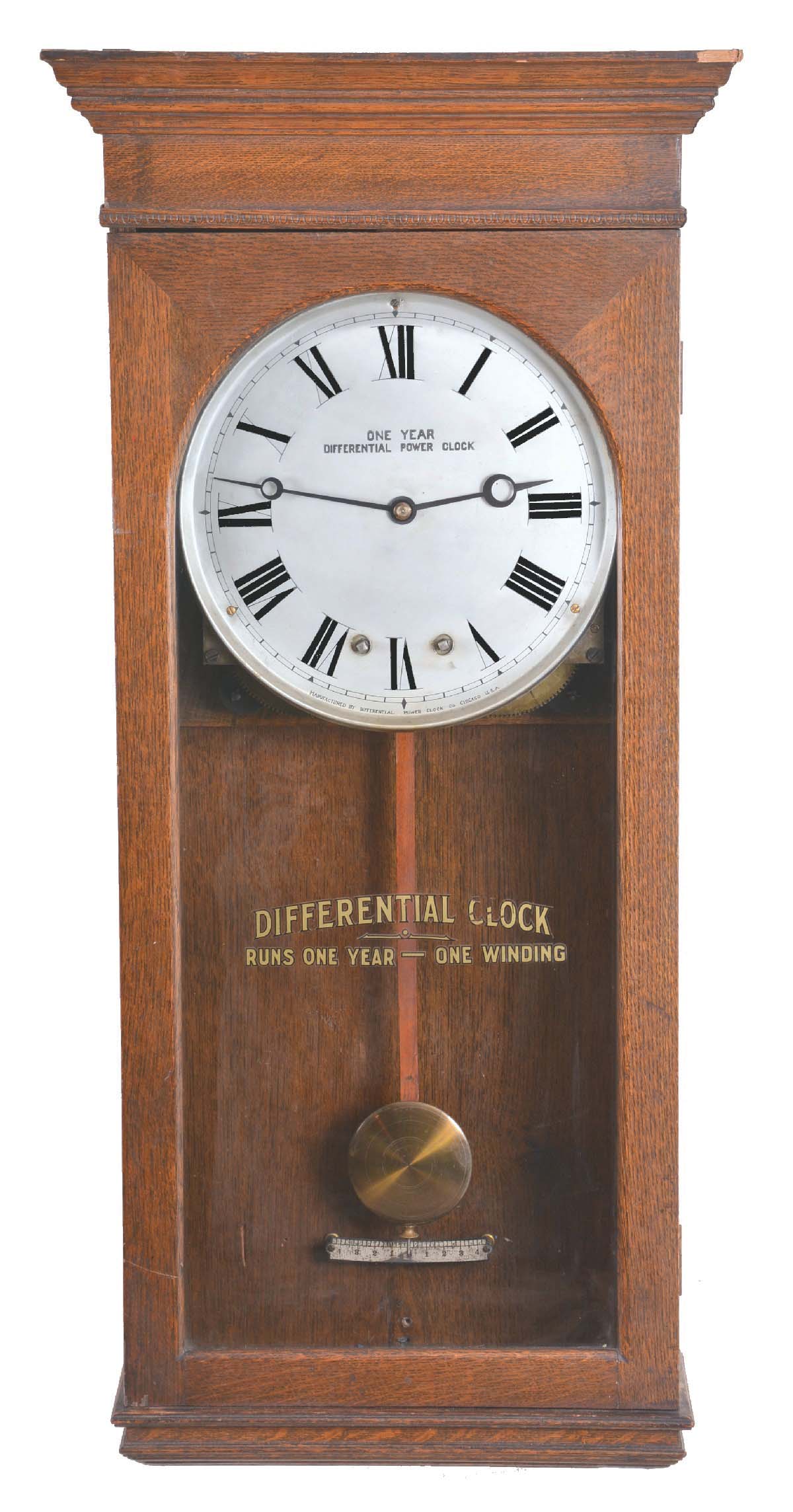 Differential Power Clock Co., Chicago, "Year Running" wall clock with unique patented double spring movement in a robust oak case, and with original front tablet identifying the clock. — Antique Clocks Price Guide