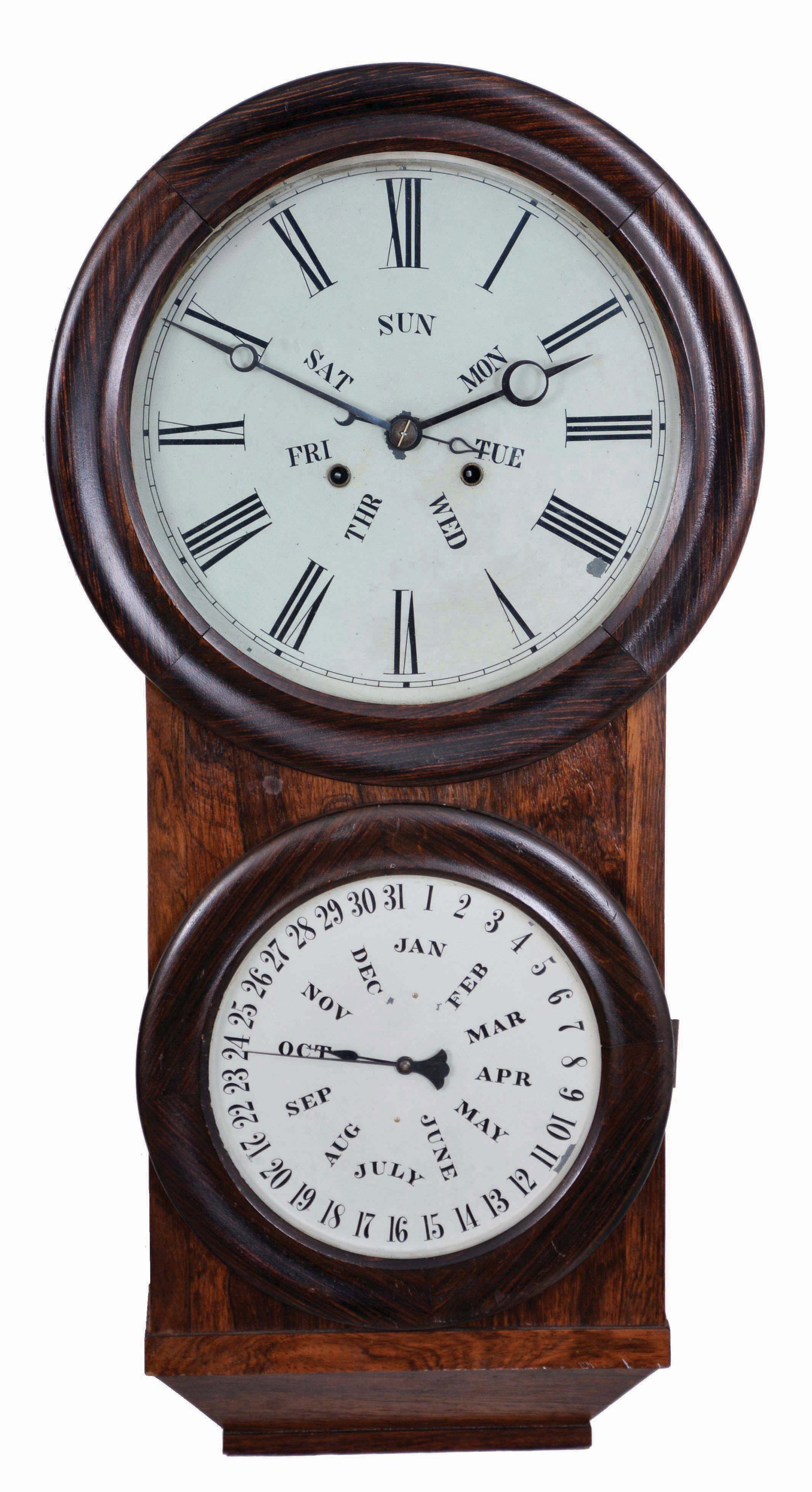 L. F. & W. W. Carter, Bristol, Conn., 8 day, double weight brass movement double dial calendar clock. — Antique Clocks Price Guide