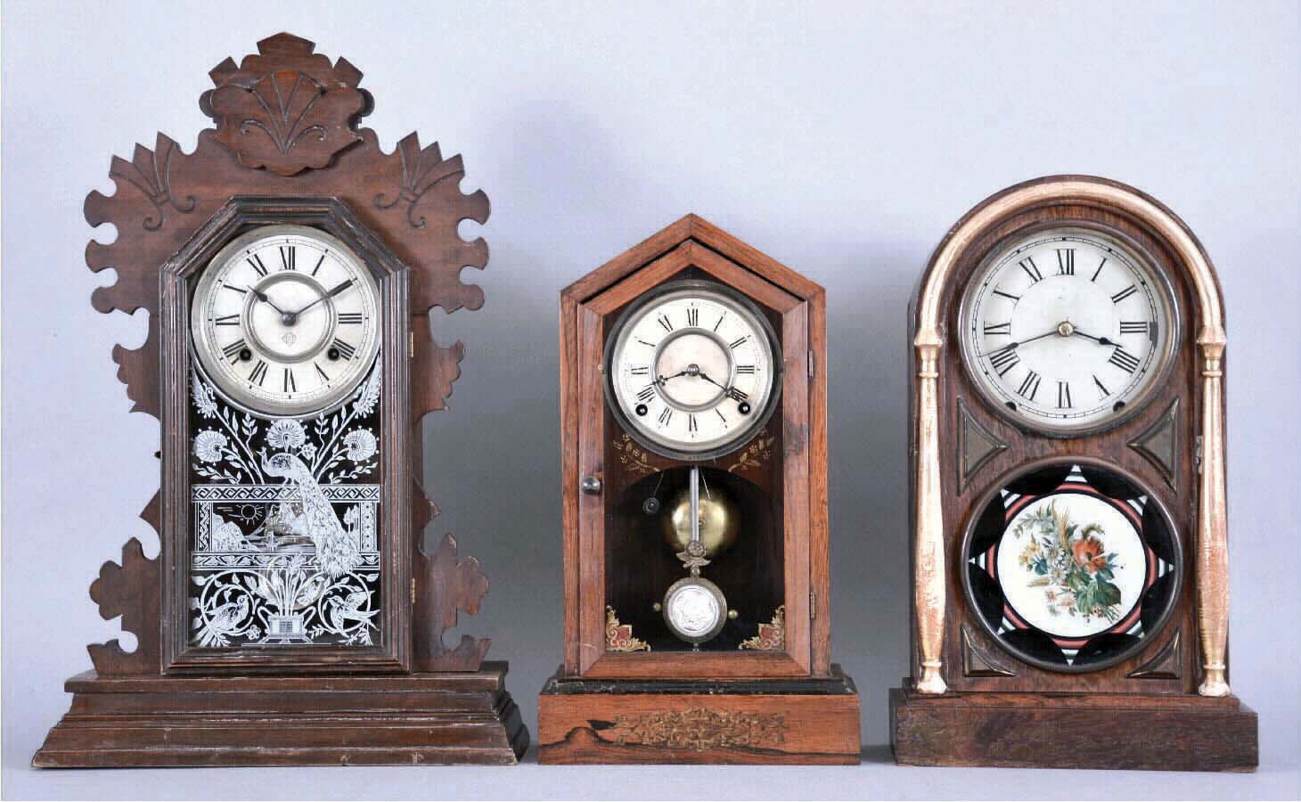 Clocks- 3 (Three) American Shelf: (1) Ansonia Clock Co., New York, "BEAVER", model, pressed walnut gingerbread, 8 day; (2) Wm. L. Gilbert Clock Co.,"OBELISK", in a rosewood veneer case, 8 day and (3) a Seth Thomas "CHICAGO" model from their City Series, 9 day — Antique Clocks Price Guide