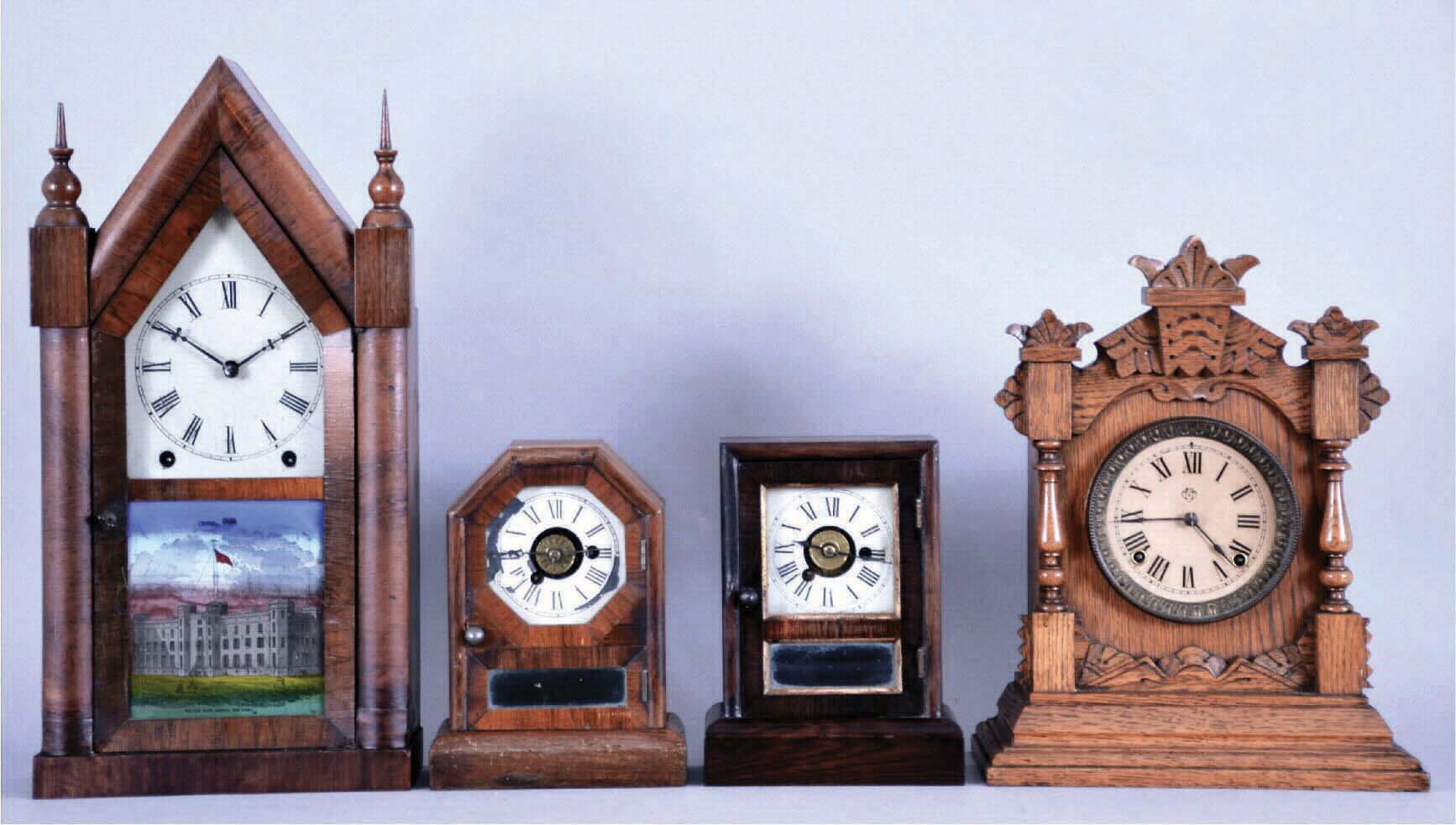 Clocks- 4 (Four) American Shelf: (1) Jerome & Co., (New Haven), 8 day steeple clock, mahogany; (2) Seth Thomas, octagon top time and alarm cottage clock; (3) Seth Thomas Flat Top, time and alarm cottage clock and (4) Ansonia "TIVOLI" in oak, 8 day time and gong strike. — Antique Clocks Price Guide