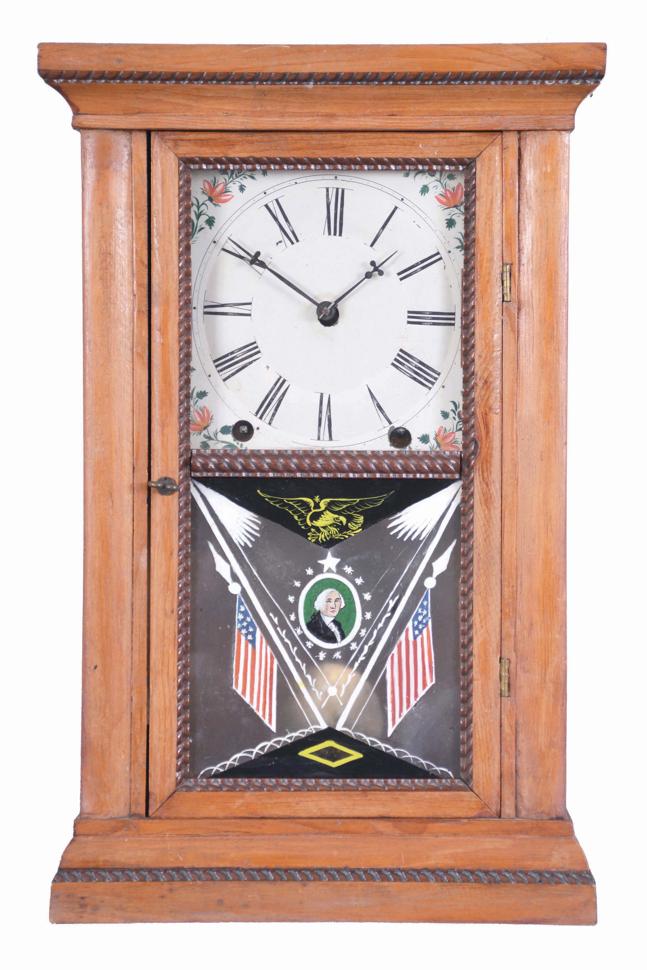 William S. Johnson, 20 Courtland St, New York, cornice top shelf clock, a Geo Washington commemorative, 8 day, spring, the case with walnut ripple molding inlaid into the cornice, the base and along door edges. — Antique Clocks Price Guide