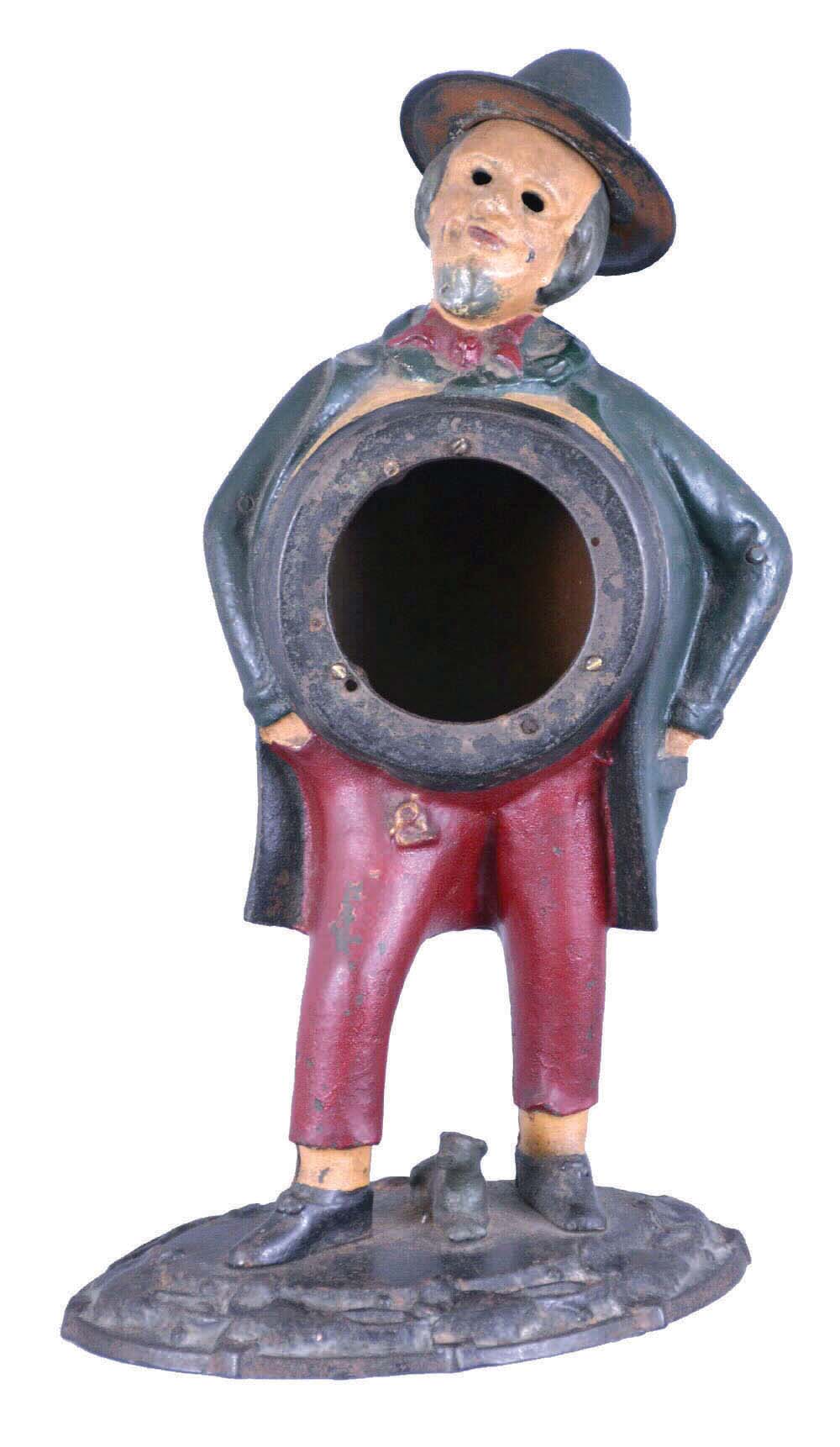 American, attributed to Bradley & Hubbard, CASE ONLY for an exceedingly rare blinking eye clock: "MAN IN TRENCH COAT WITH DOG" — Antique Clocks Price Guide