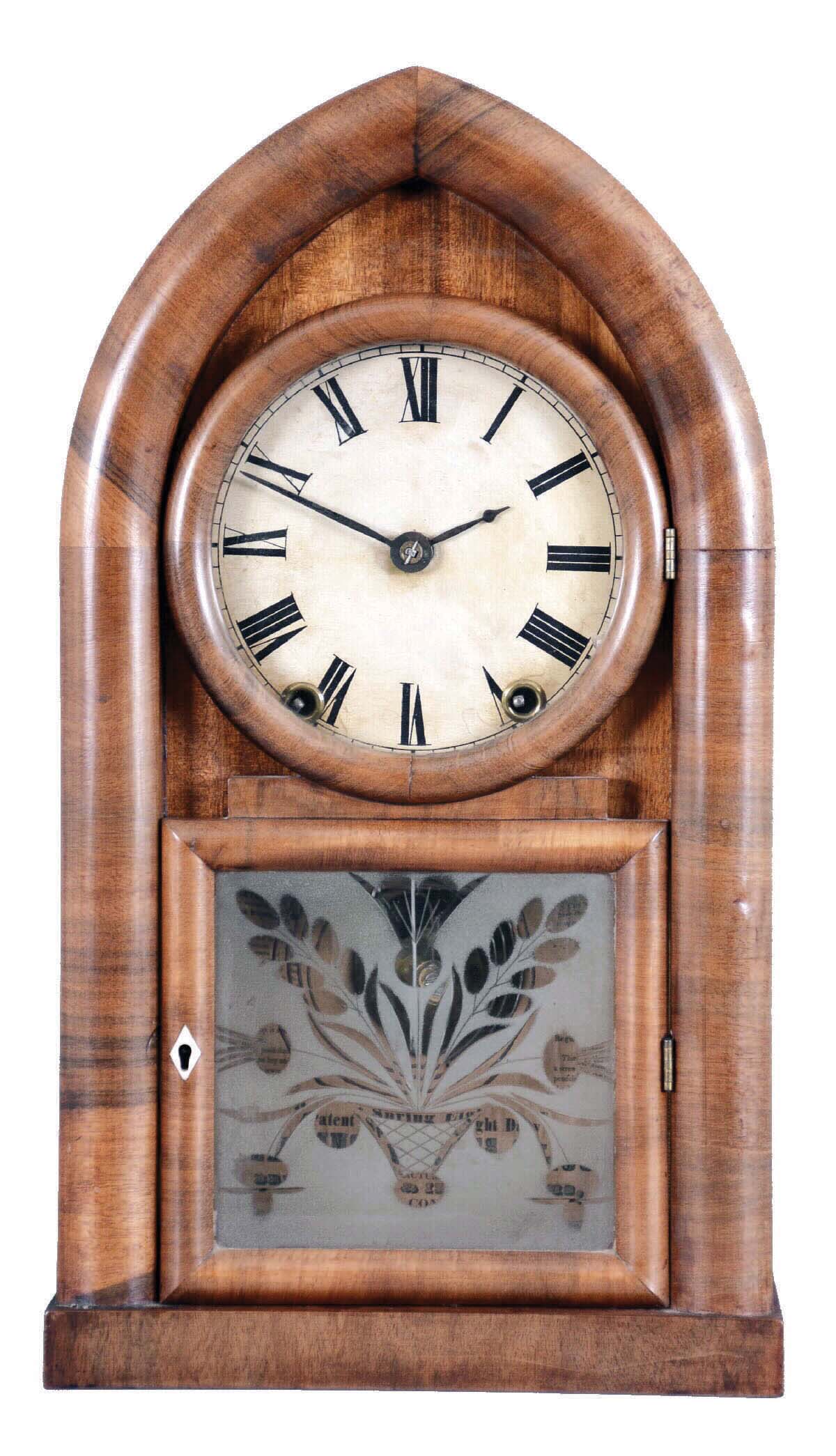 Brewster & Ingrahams, Bristol, Conn., BEEHIVE shelf clock, 8 day spring, time and gong strike, in a mahogany veneered case. — Antique Clocks Price Guide