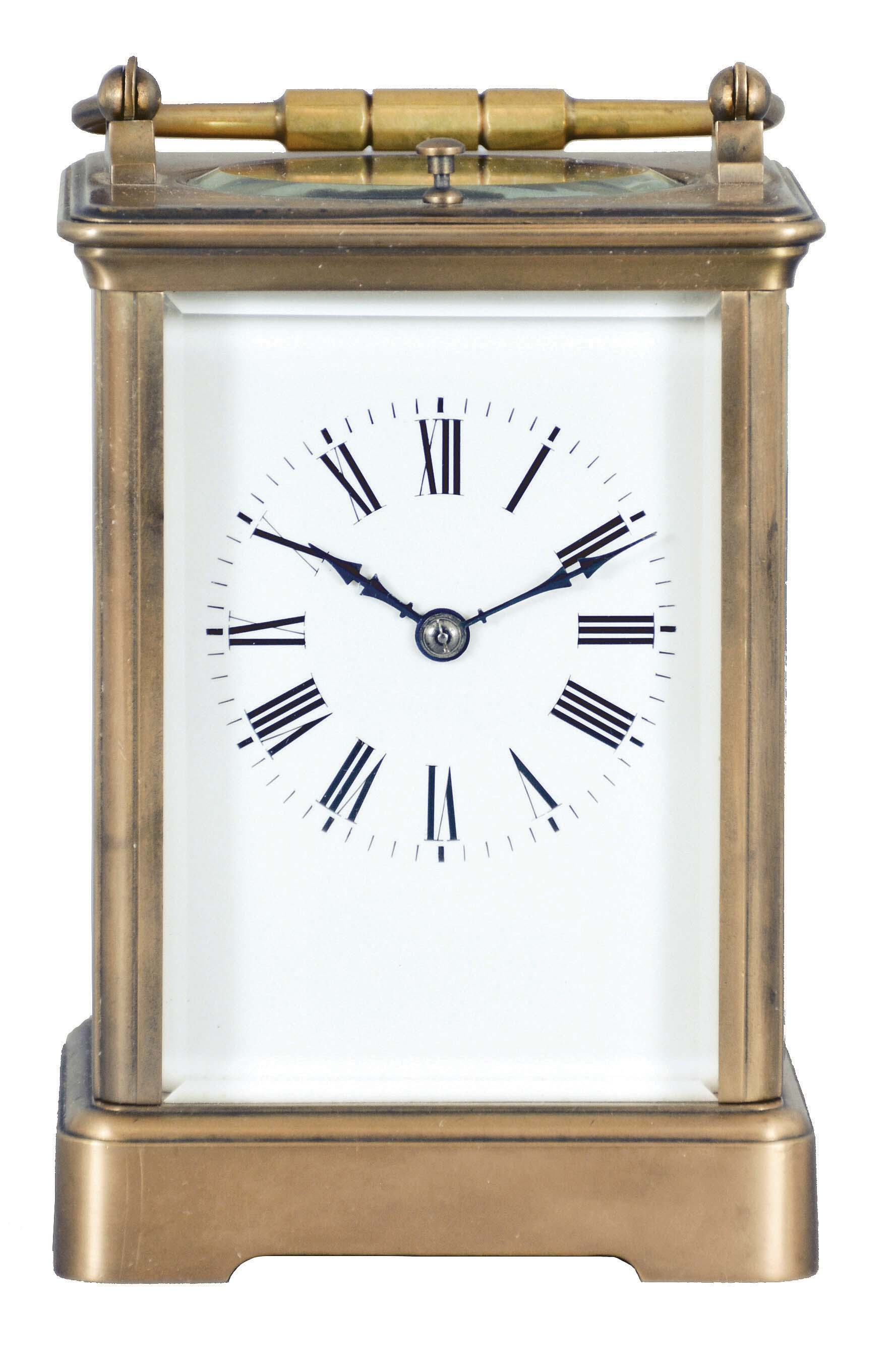 France, an unusual, five minute repeating carriage clock with single gong, gilt Corniche case with bevelled glasses, Roman numeral white enamel dial, blued steel distaff hands, 8 day, time and strike movement with lever platform, counting the hours in passing, repeating the hours when activated by top pusher, and repeating the last five minute interval through the pusher at case back — Antique Clocks Price Guide