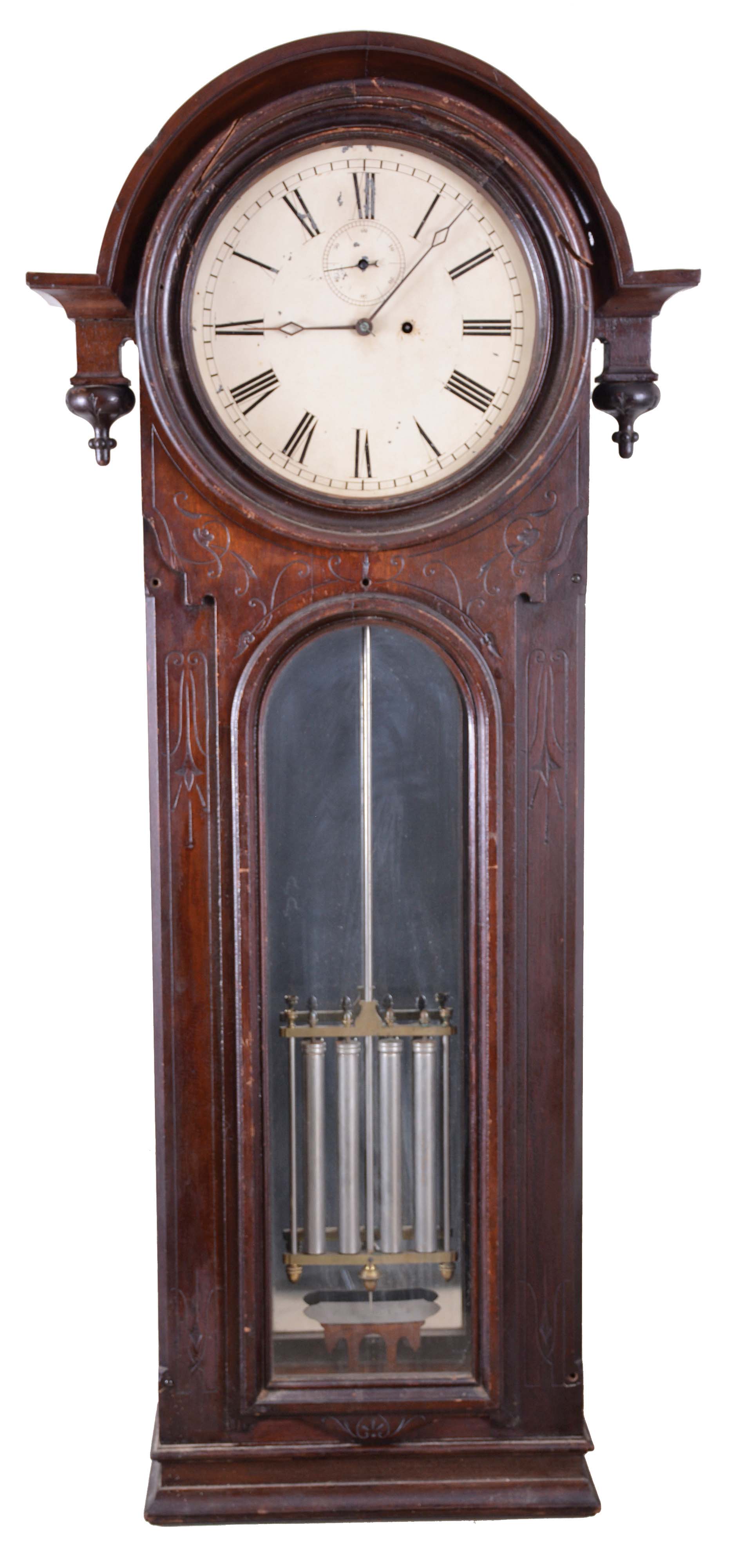 E. Howard & Co., Boston, Mass., "Regulator No. 36", jeweler's wall clock, 8 day, time only, weight driven movement with mercury compensated pendulum, Graham deadbeat escapement and maintaining power in a mahogany case with a painted metal dial — Antique Clocks Price Guide