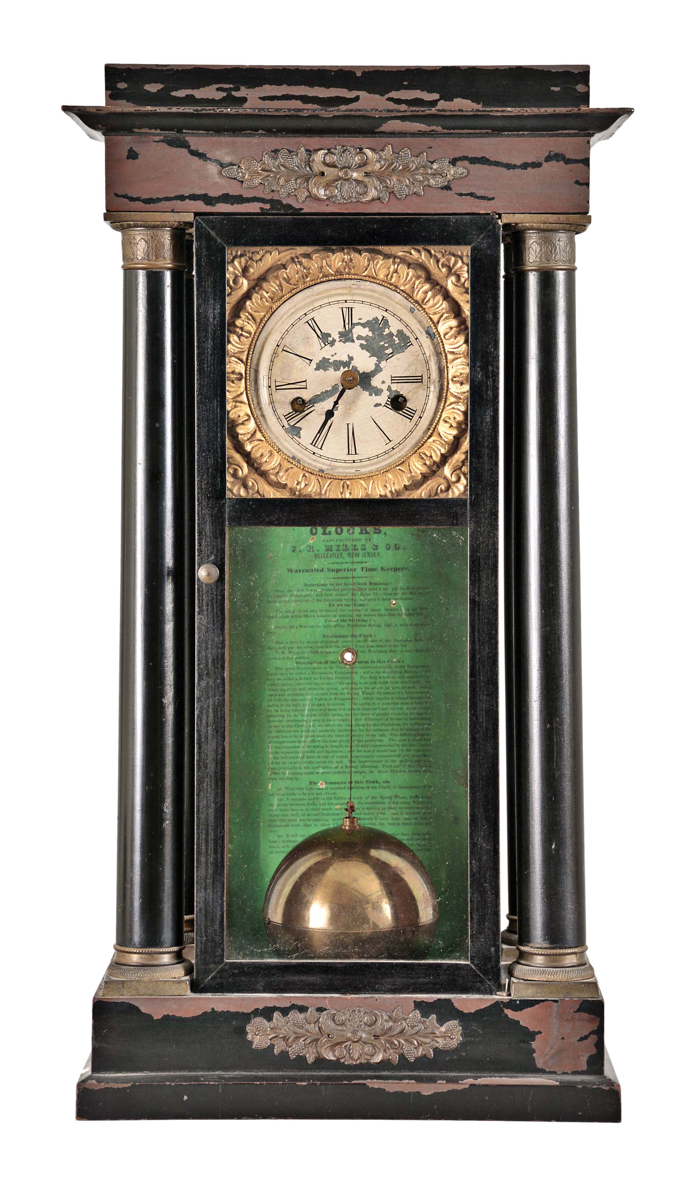 J. R. Mills & Co., Belleville New Jersey, Aaron D. Crane's Single-ball year fusee time and strike, spring brass movement shelf clock. — Antique Clocks Price Guide