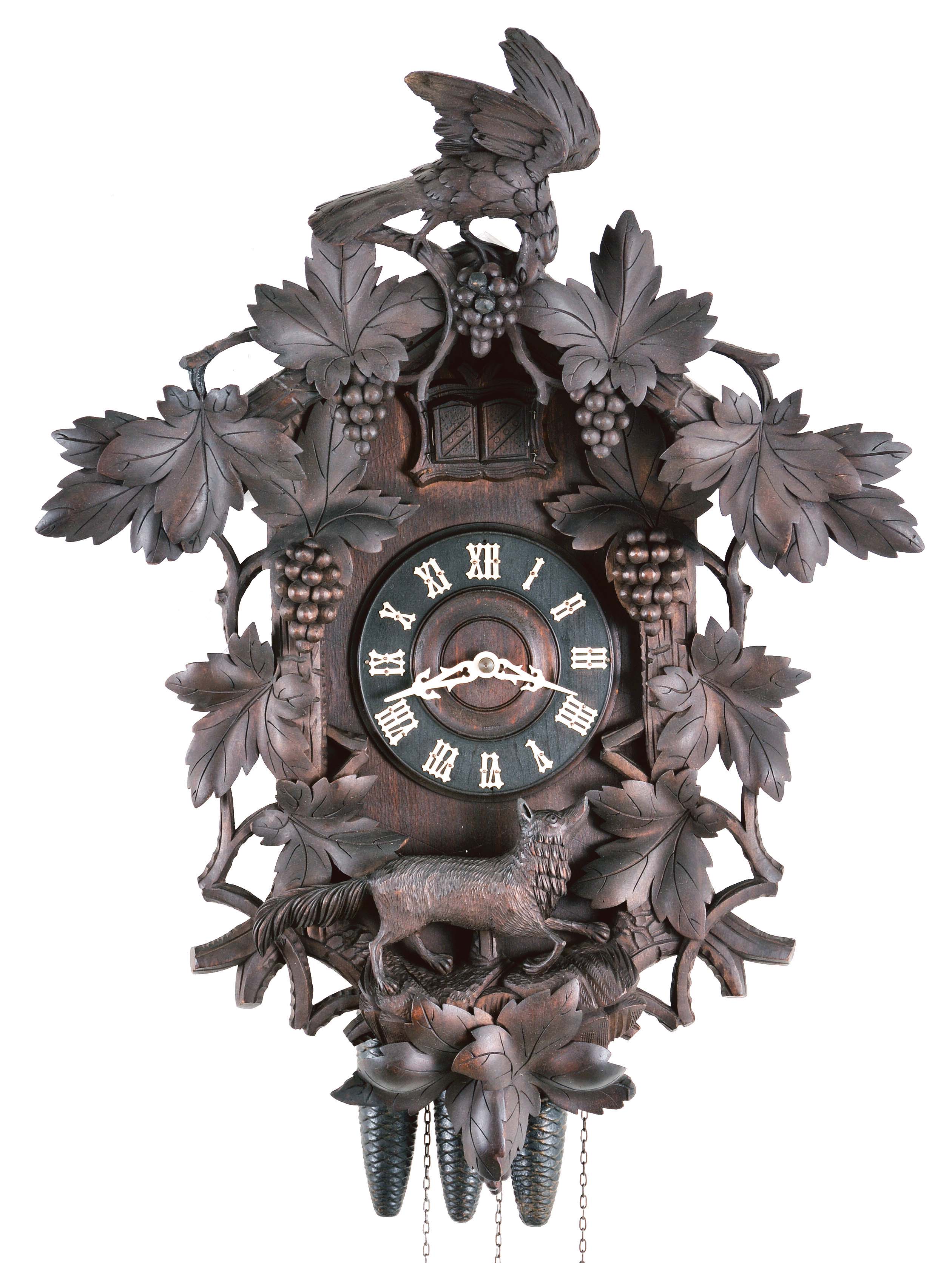 Clocks- 2 (Two) Black Forest Cuckoo and Quail: 3-weight cuckoo and quail wall clocks with carved fox and grapes motif, one signed "Miller & Cie" on the brass movement, the other "Faller", early 20th century. — Antique Clocks Price Guide