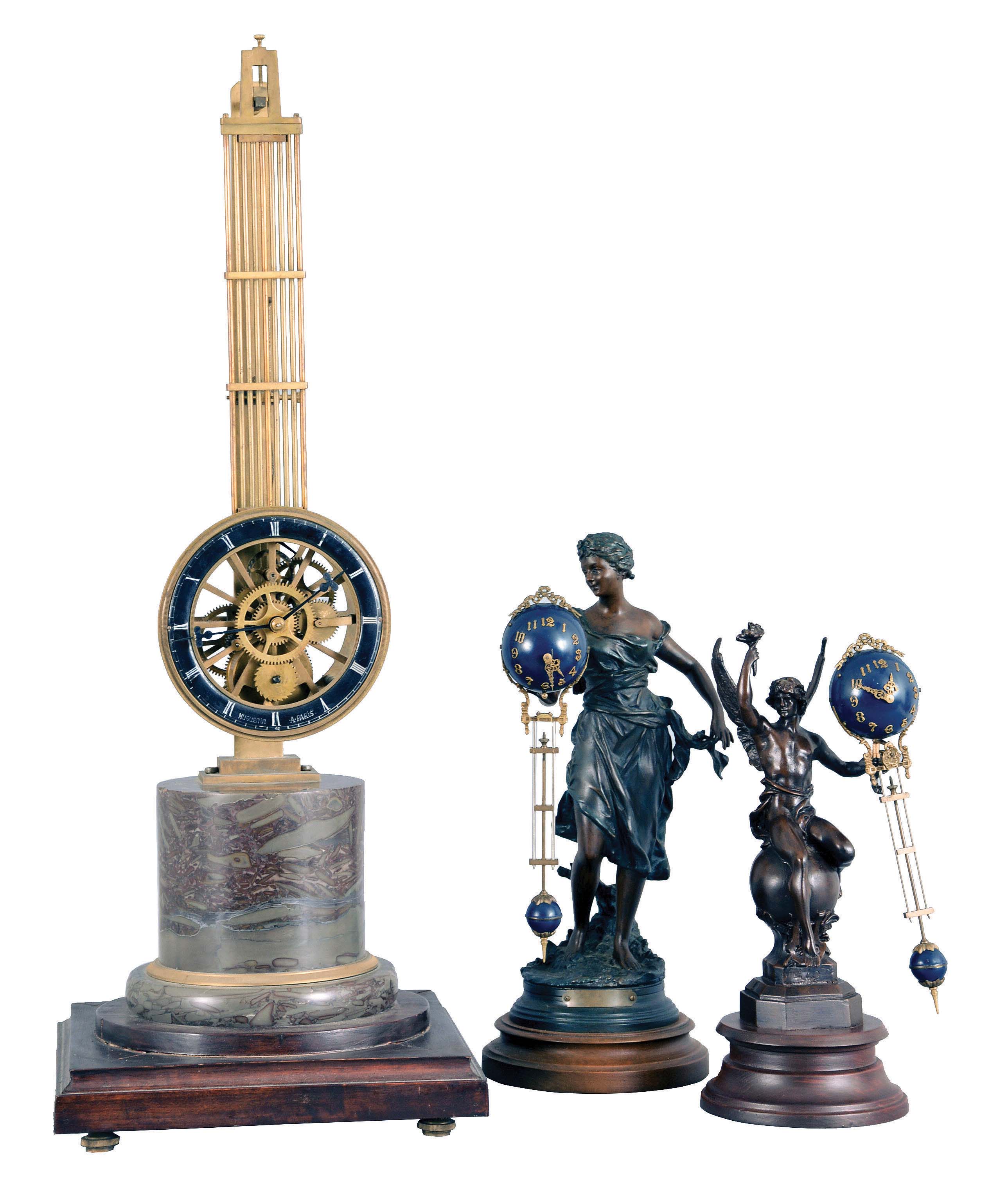 Clocks- 3 (Three) Asian Reproduction Mystery Clocks: (1) Winged male figure with bronze finish supporting swing arm with dark blue spheres, 12.5 inches; (2) Female figure with bronze and verdigris patina supporting a swinging arm with dark blue spheres, 15 inches. (3) Upside-down swinging clock on brass stand with dark red marble base on wood platform, 28 inches in height. — Antique Clocks Price Guide