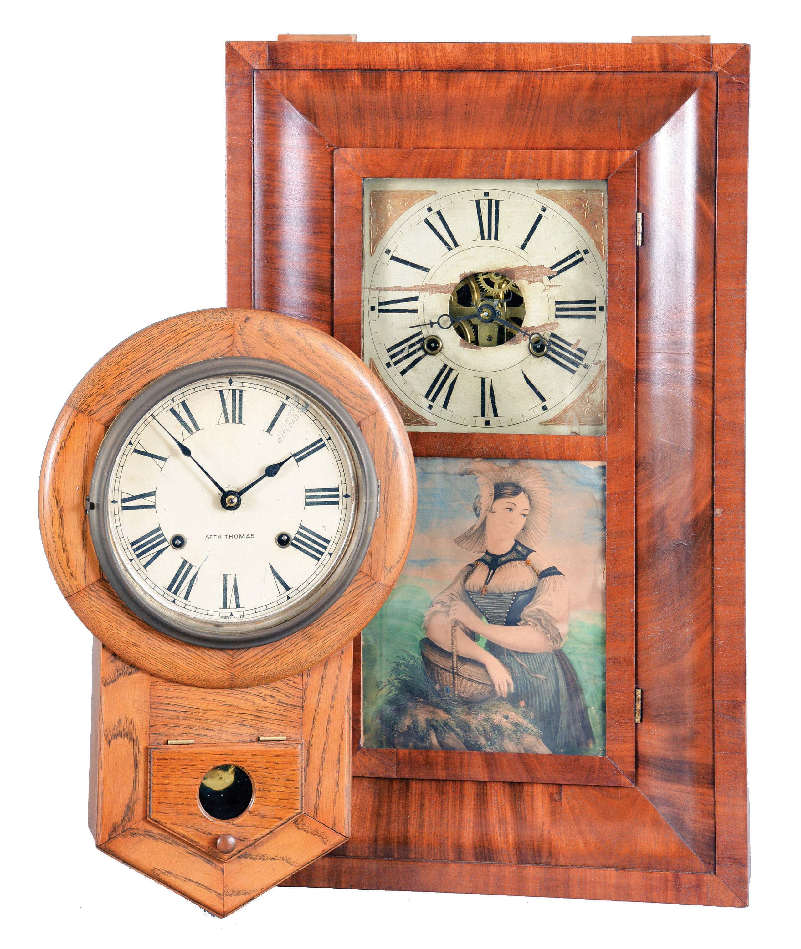 Clocks- 2 (Two) American Wood Case: (1) Dilger & Co., ogee clock, 30 hour, time and strike, weight driven in a walnut veneer case with painted wooden dial; (2) Seth Thomas Clock Co.,Thomaston Conn., "Drop Octagon 8 Inch", 8 day, time and strike, spring driven movement in an oak case with painted metal dial, c1928. — Antique Clocks Price Guide