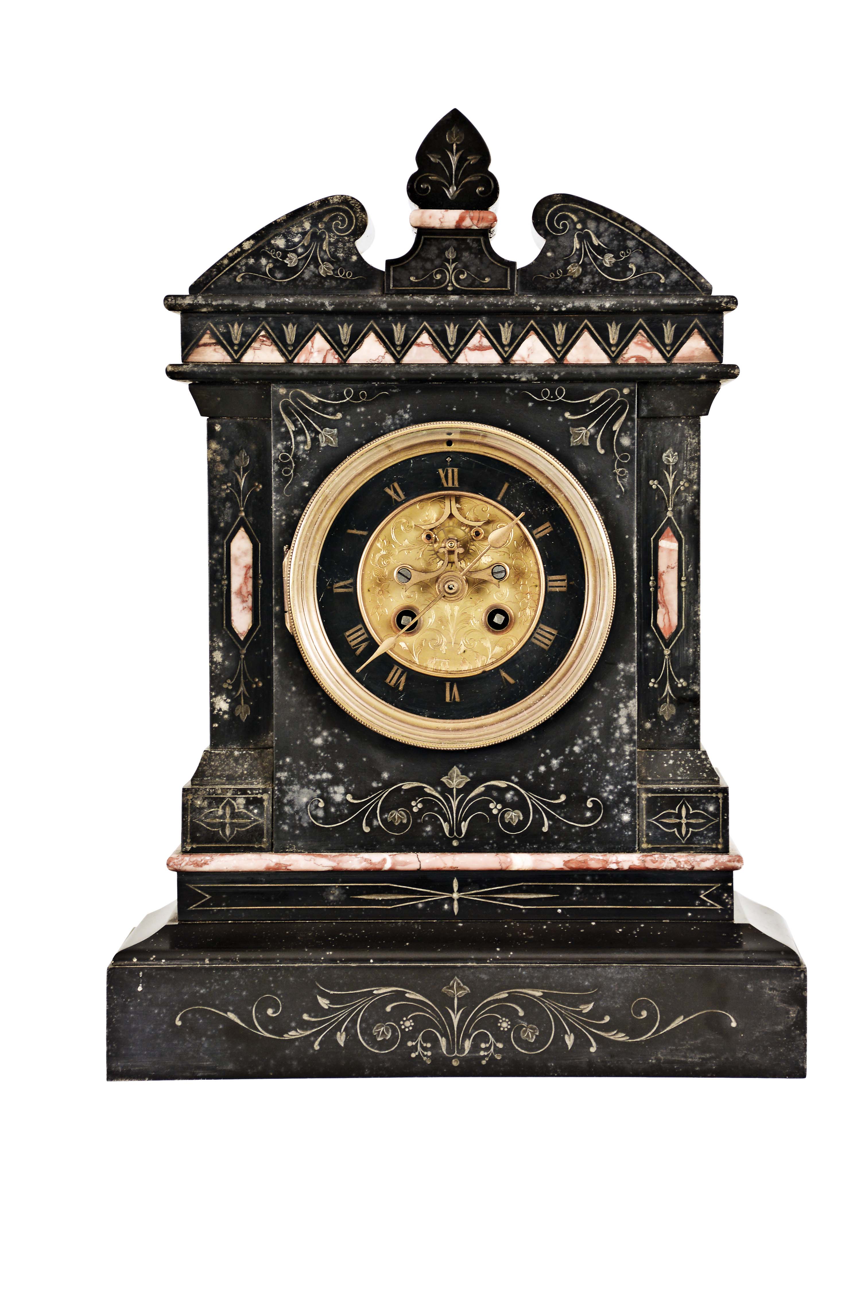 Marti & Cie, Paris, mantel clock, 8 day, time and strike, spring driven movement with visible Brocot escapement in an incised black slate case with red marble insets and molding, engraved sunk dial with black slate chapter ring with Roman numerals. — Antique Clocks Price Guide